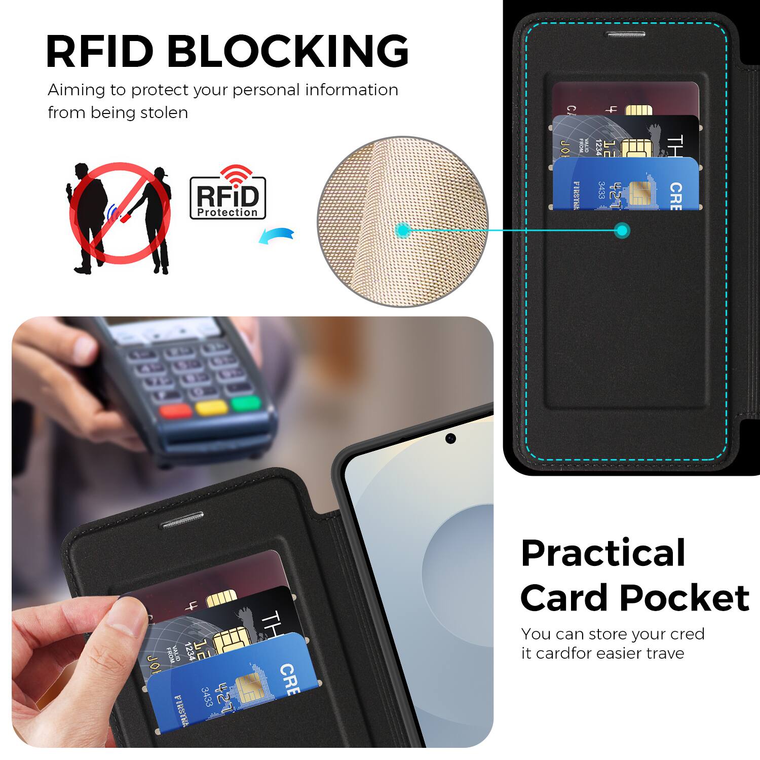 RFID BLOCKING  
Aiming to protect your personal information from being stolen

RFID Protection

Practical Card Pocket  
You can store your credit card for easier travel