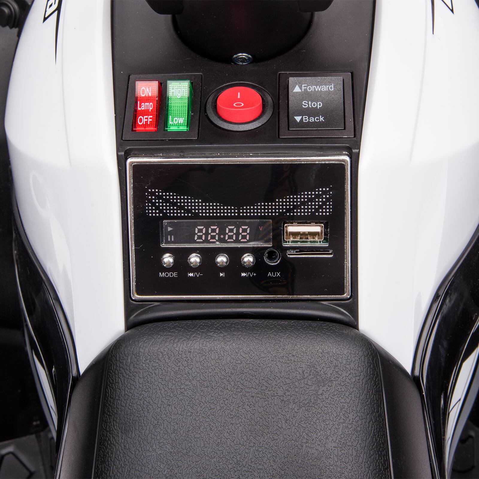 - ON
- Lamp
- OFF
- High
- Low

- Forward
- Stop
- Back

- 88.88

- MODE
- M/V-
- M/V+
- AUX