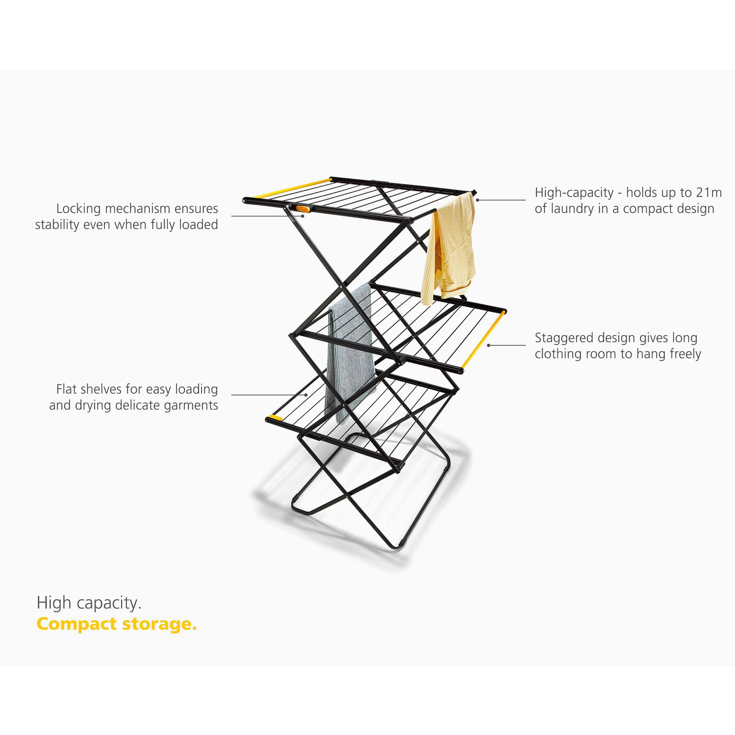Locking mechanism ensures stability even when fully loaded  
High-capacity - holds up to 21m of laundry in a compact design  
Staggered design gives long clothing room to hang freely  
Flat shelves for easy loading and drying delicate garments  

High capacity.  
Compact storage.
