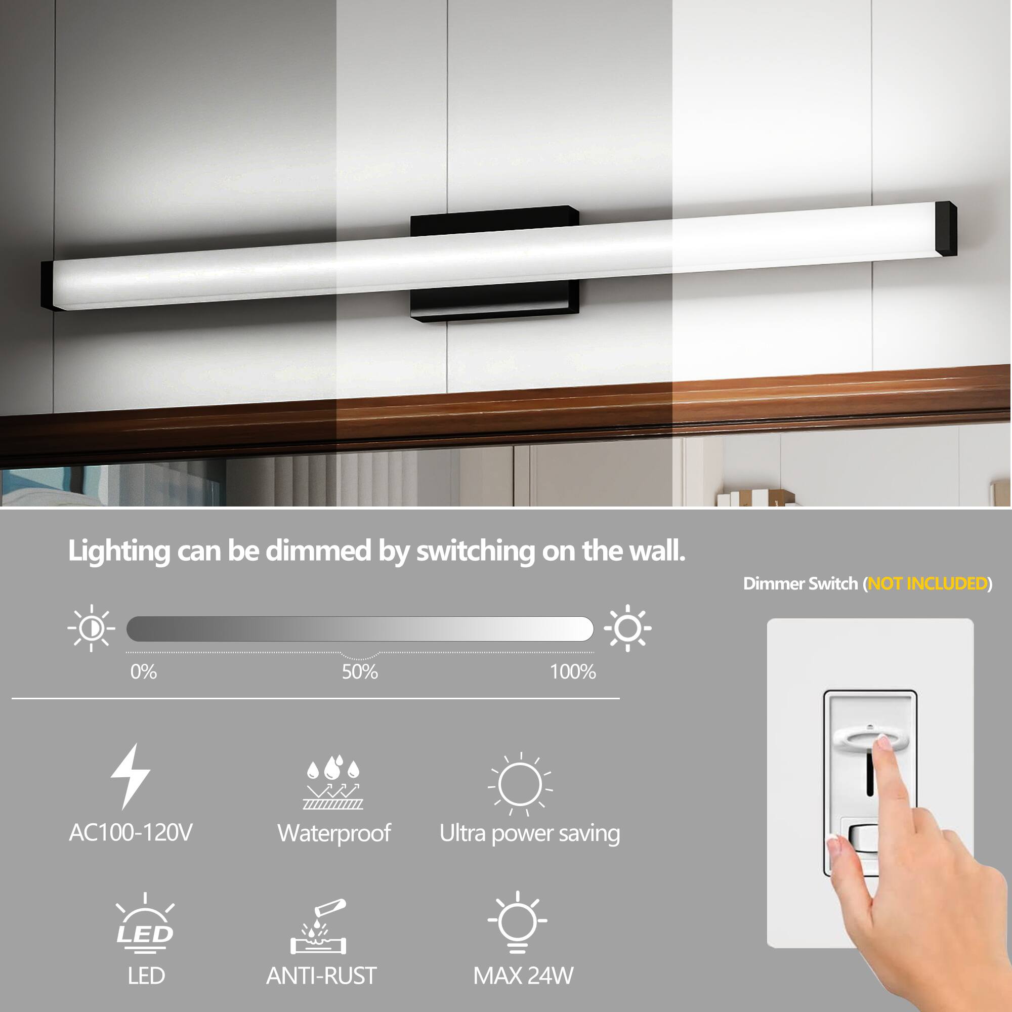 Lighting can be dimmed by switching on the wall.

Dimmer Switch (NOT INCLUDED)

- AC100-120V
- Waterproof
- Ultra power saving
- LED
- ANTI-RUST
- MAX 24W
