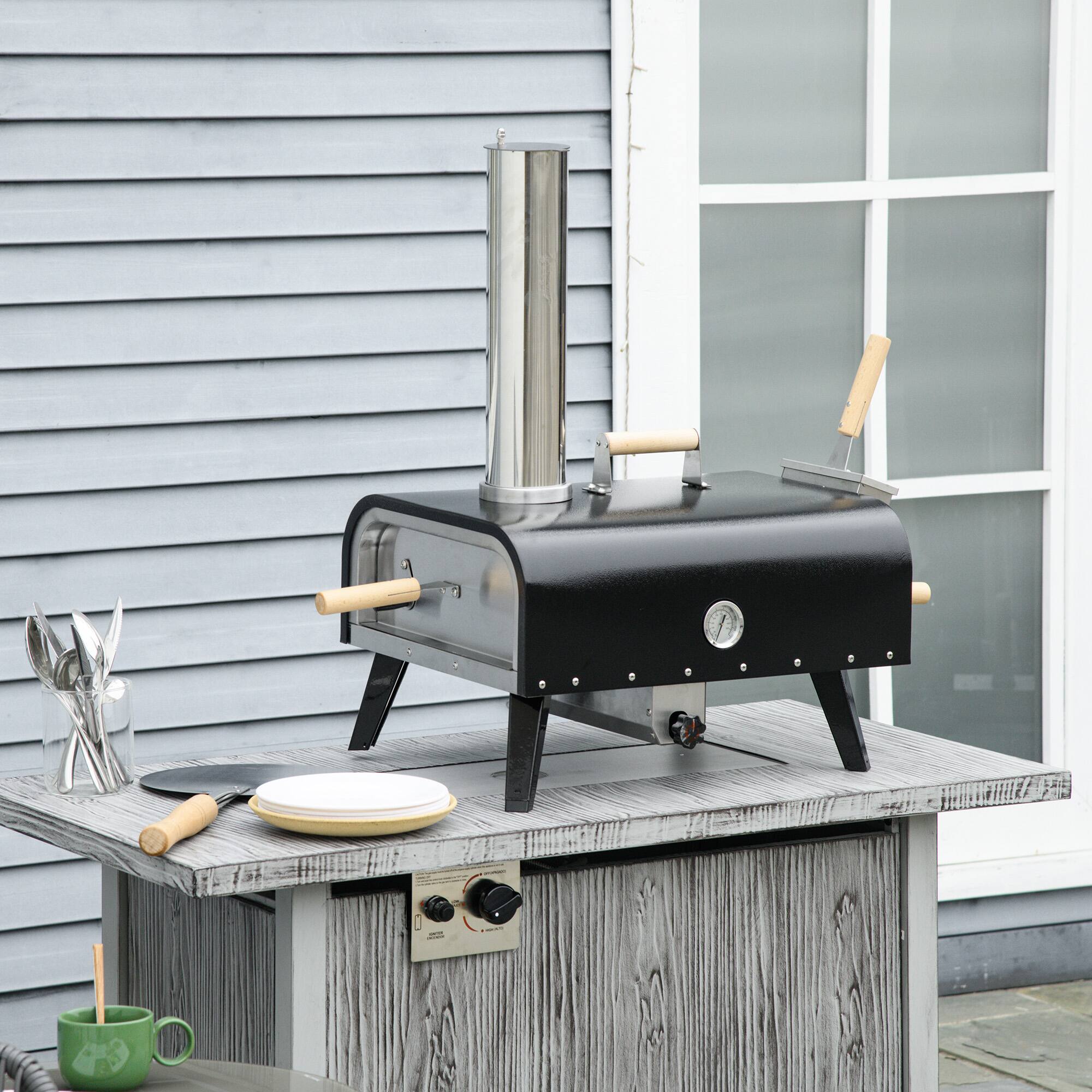 Alt View 1. Outsunny - Wood Fired Pizza Oven with 12" Rotating Stone, Peel and Waterproof Cover, Portable Pizza Maker with Foldable Legs - Black.