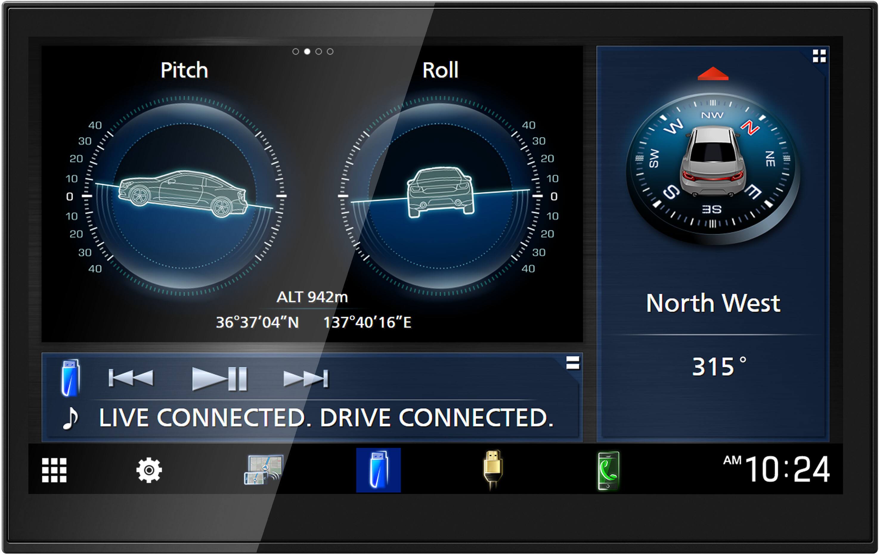 Pitch Roll 40 30 20 10 0 10 40 30 20 10 0 10 W SW S NW SE N NE E 20 20 30 40 30 40 ALT 942m 3637'04"N 13740'16"E North West = I LIVE CONNECTED. DRIVE CONNECTED. 315 AM 10:24