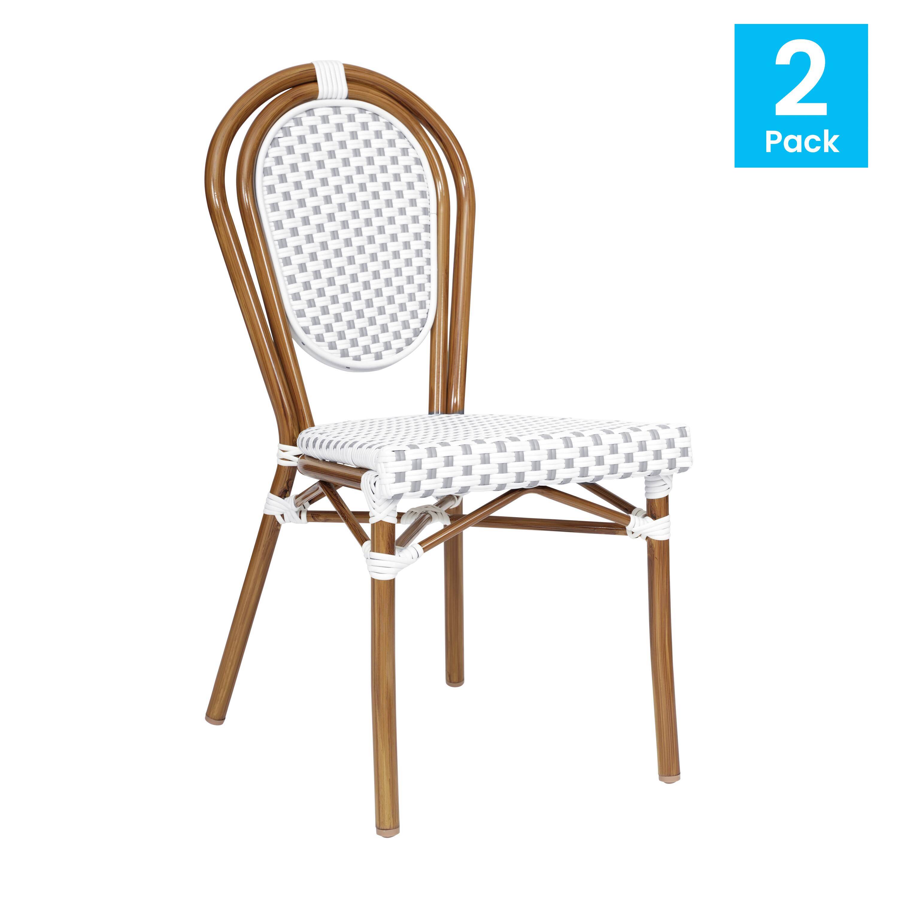 Alt View 1. Emma + Oliver - Colmar Set of Two Indoor/Outdoor Stacking Thonet Bistro Style Chairs with PE Rattan Seat and Finished Metal Frame - White & Gray/Natural Frame.