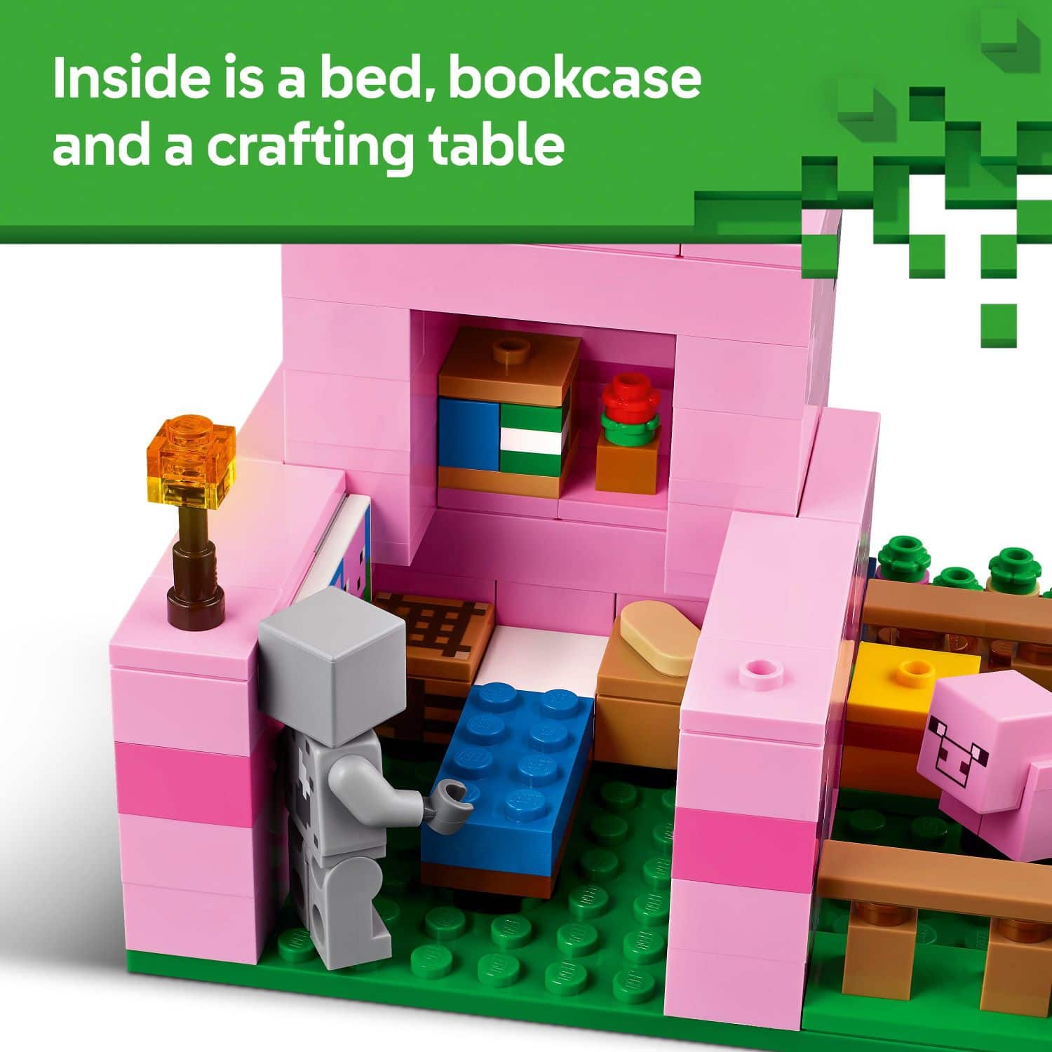 Inside is a bed, bookcase, and a crafting table.
