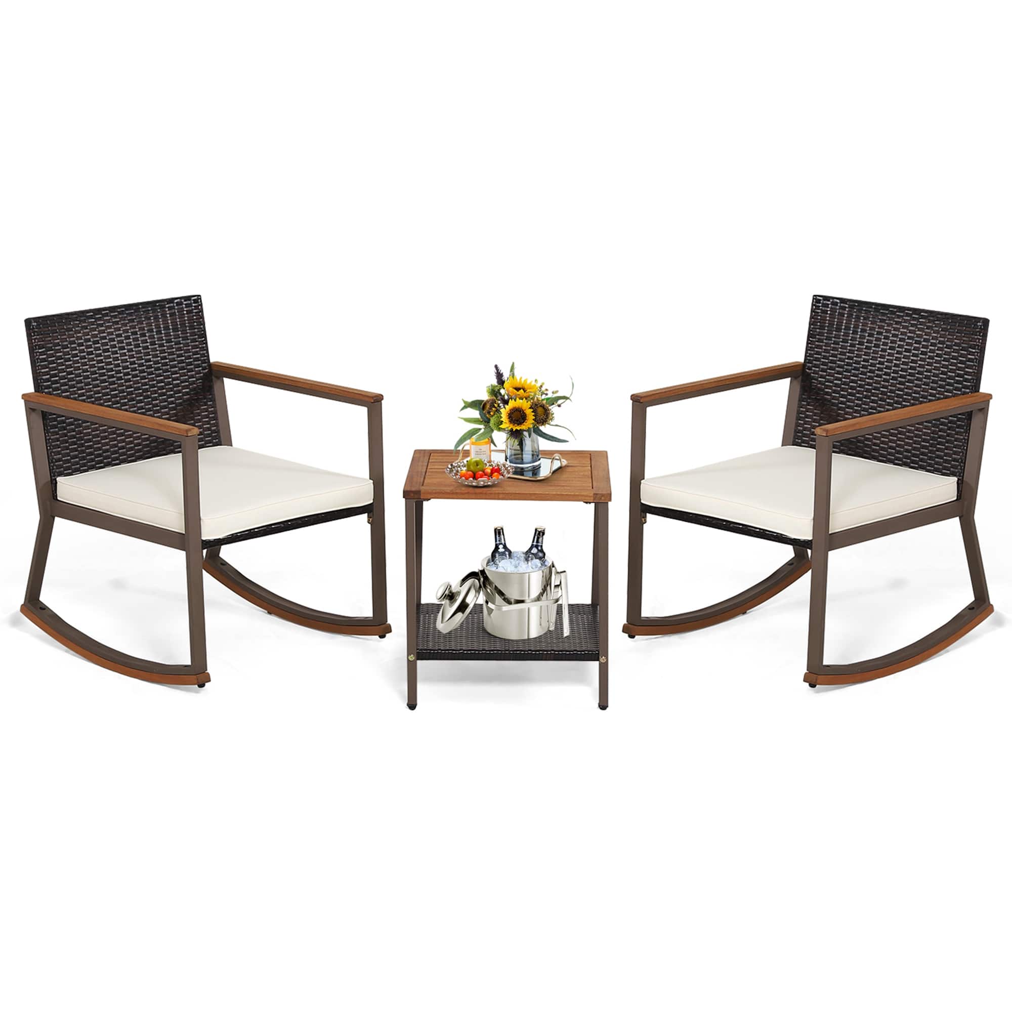 Costway - 3PCS Patio Rattan Rocking Chair Bistro Set Armrest Cushion Table with Storage Shelf Off - Off White,Mix Brown price history on PriceWatchPro