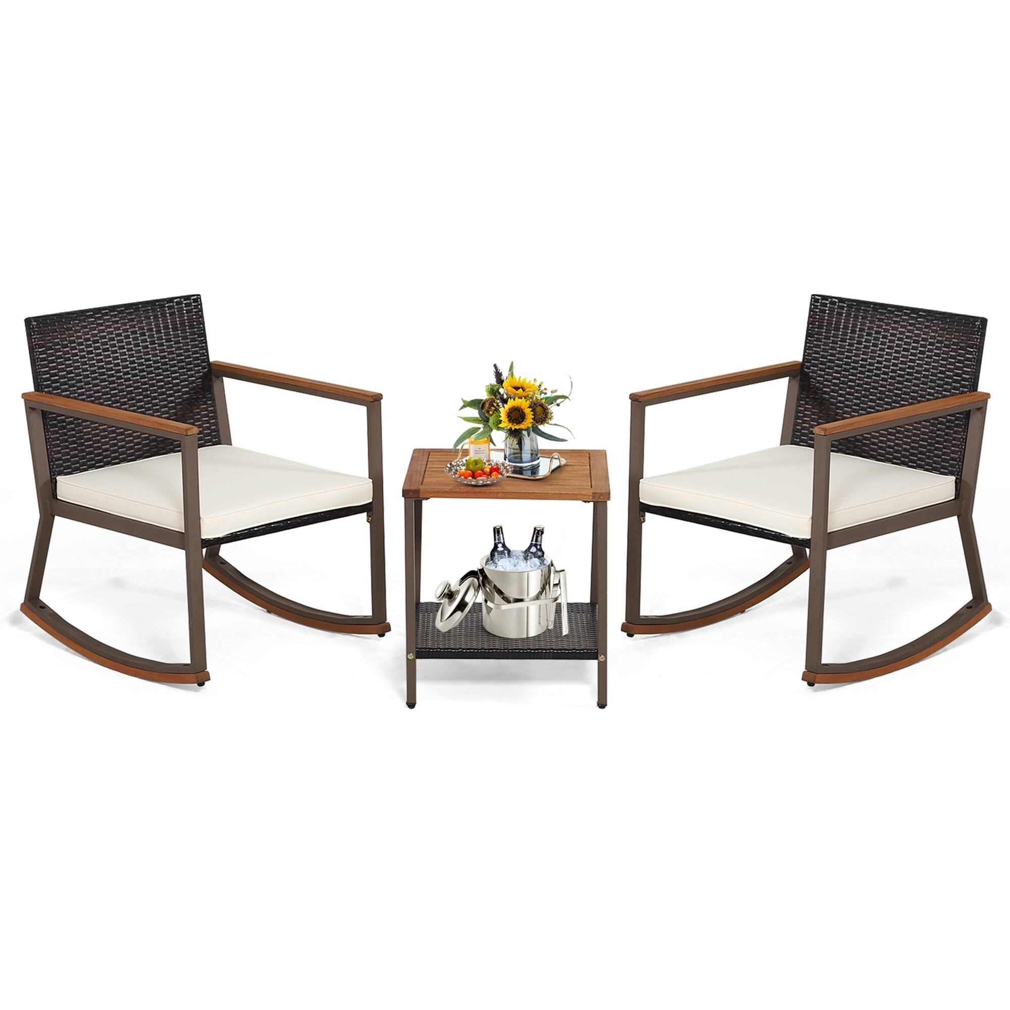 Front. Costway - Costway 3PCS Patio Rattan Rocking Chair Bistro Set Armrest Cushion Table with Storage Shelf Off - Off White,Mix Brown.