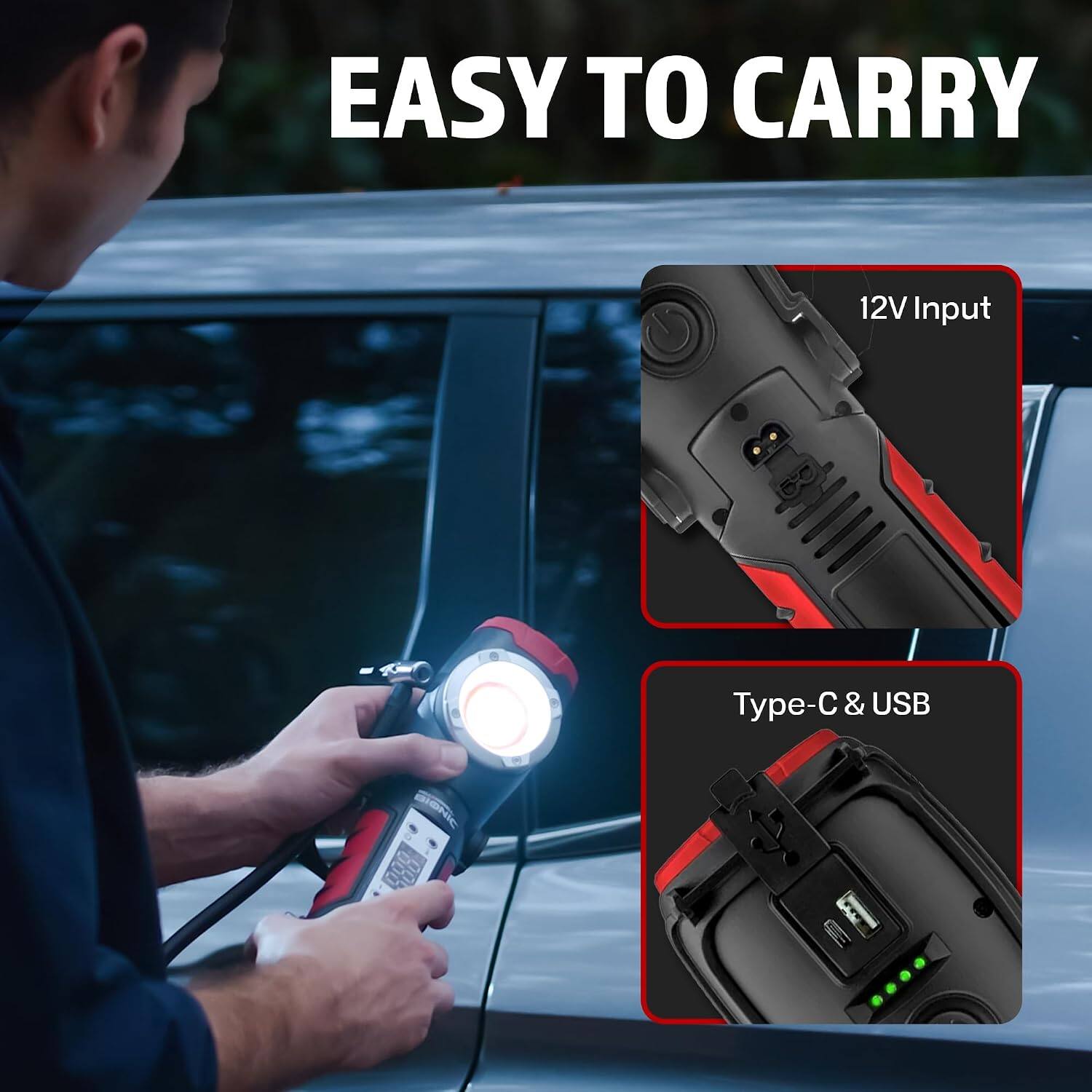 EASY TO CARRY

12V Input

Type-C & USB