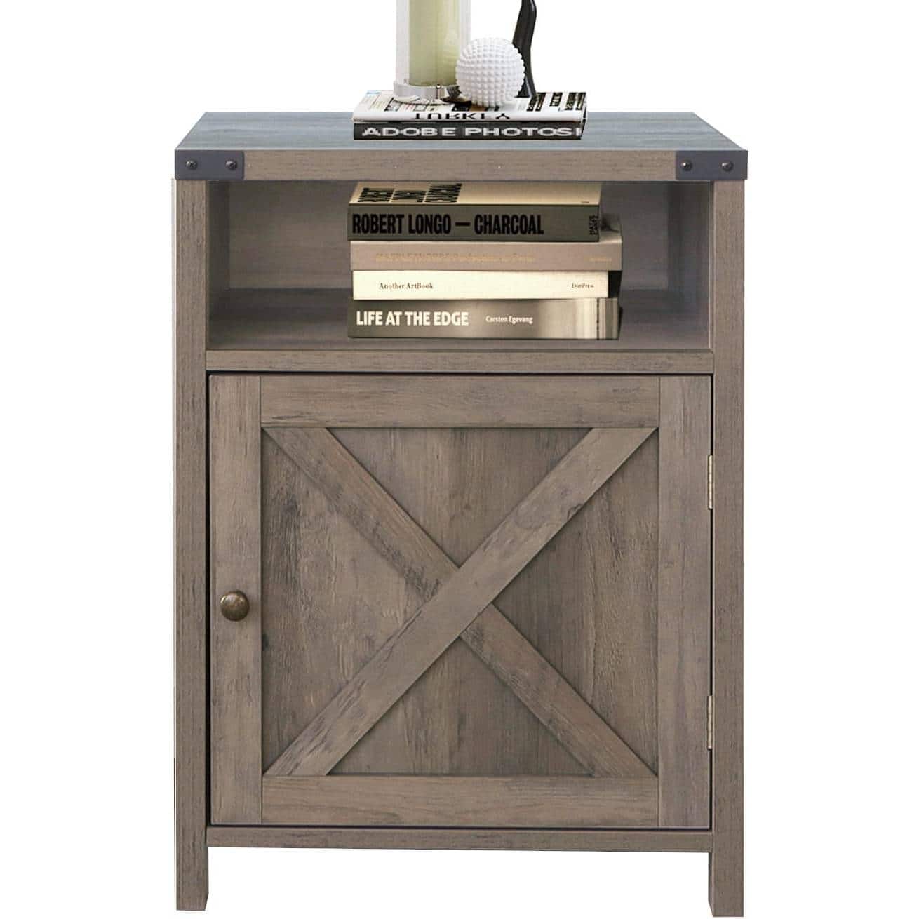 Hivvago - Farmhouse Style End Table Barn Door Nightstand with Open Shelf - Rustic Oak