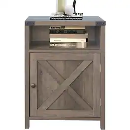 Hivvago - Farmhouse Style End Table Barn Door Nightstand with Open Shelf - Rustic Oak