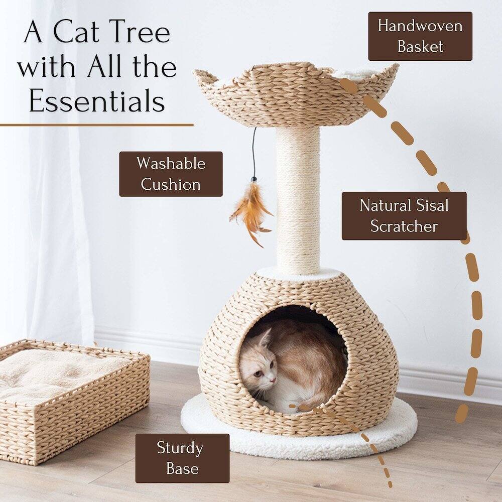 A Cat Tree with All the Essentials

- Handwoven Basket
- Washable Cushion
- Natural Sisal Scratcher
- Sturdy Base