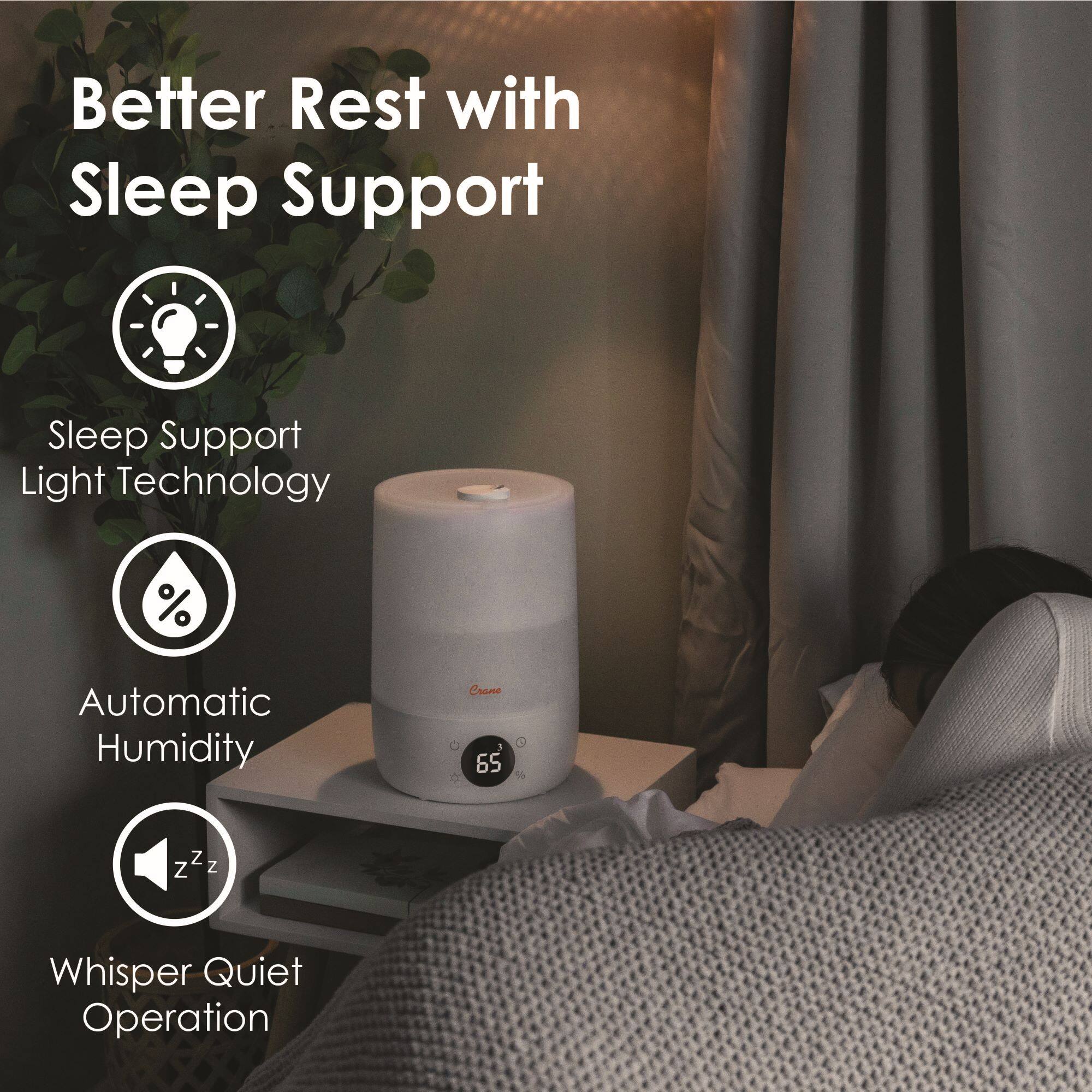 Back. CRANE - Top Fill Cool Mist Humidifier – 1.2 Gallon with Sleep Support Light & Essential Oil Tray - White.