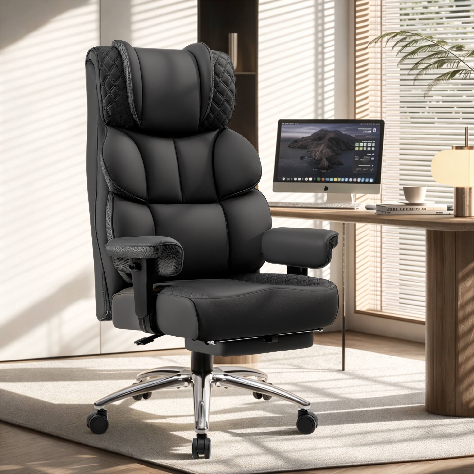 Alt View 4. KERDOM - Big Tall Executive PU Leather Chair with Footrest & Lumbar Pillow, High Back Reclining Office Chair, Swivel Boss Chair - Black.