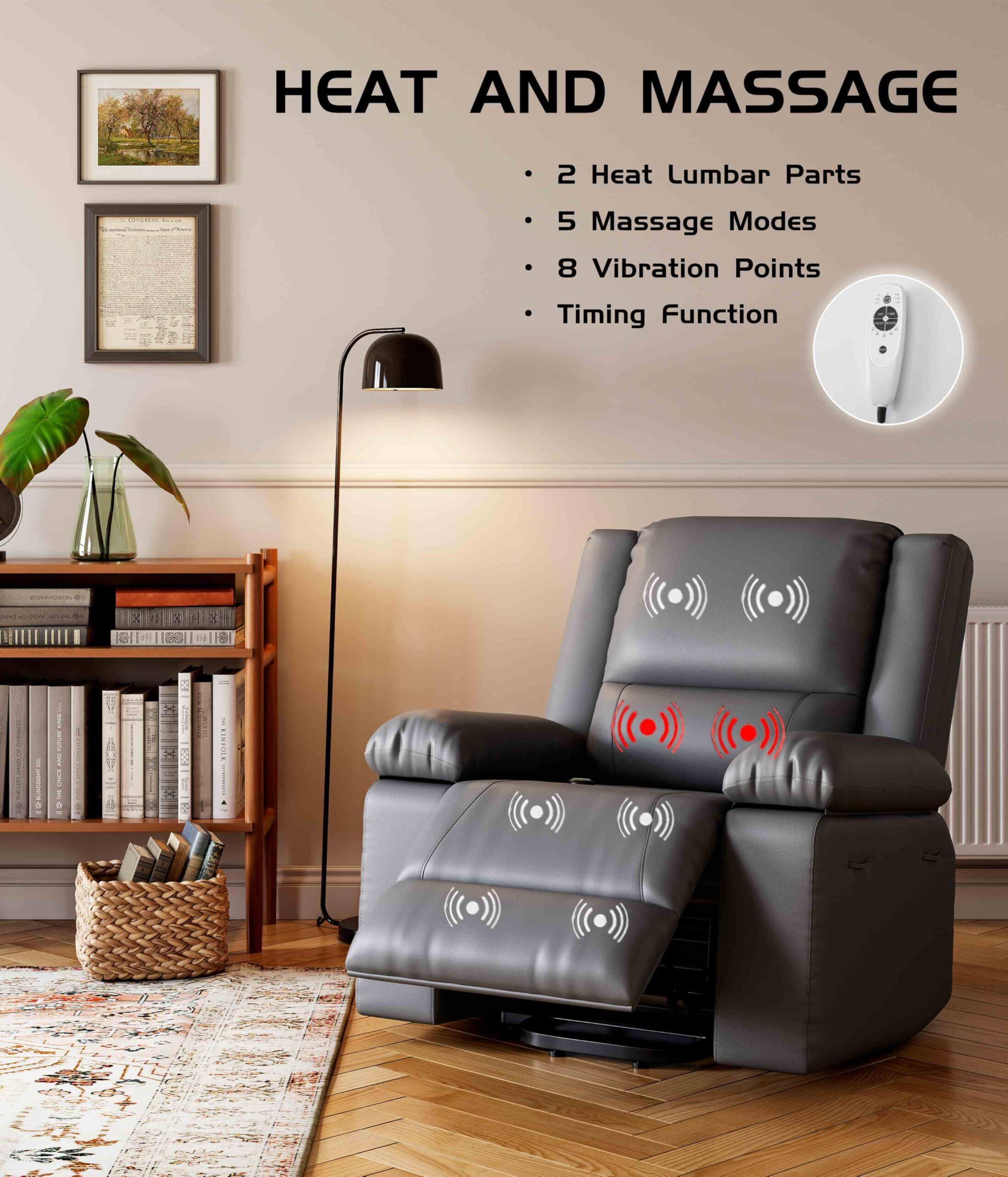 HEAT AND MASSAGE

- 2 Heat Lumbar Parts
- 5 Massage Modes
- 8 Vibration Points
- Timing Function