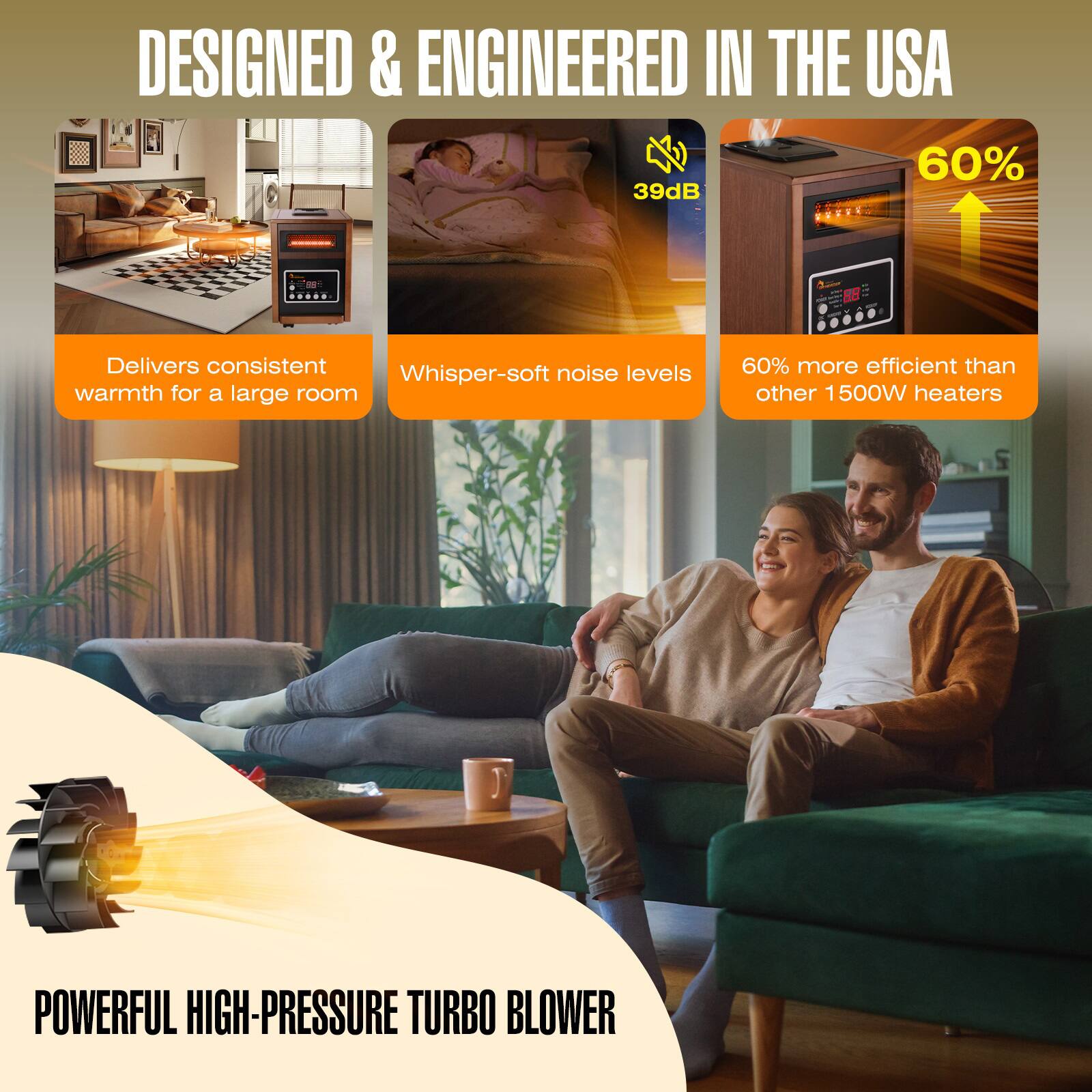DESIGNED & ENGINEERED IN THE USA

- Delivers consistent warmth for a large room
- Whisper-soft noise levels (39dB)
- 60% more efficient than other 1500W heaters

POWERFUL HIGH-PRESSURE TURBO BLOWER