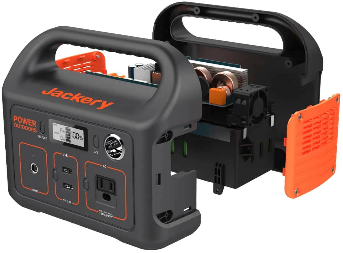 Jackery POWER 290 portable power station with USB, AC, and DC outlets. It can charge 2.1A USB devices, has a 12V AC input, and can handle a maximum of 200W.