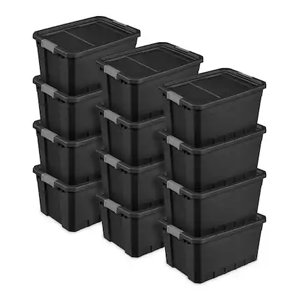Front. Sterilite - Sterilite 19 Gal Rugged Industrial Stackable Storage Tote w/ Lid, Black, 12 Pack - Black.