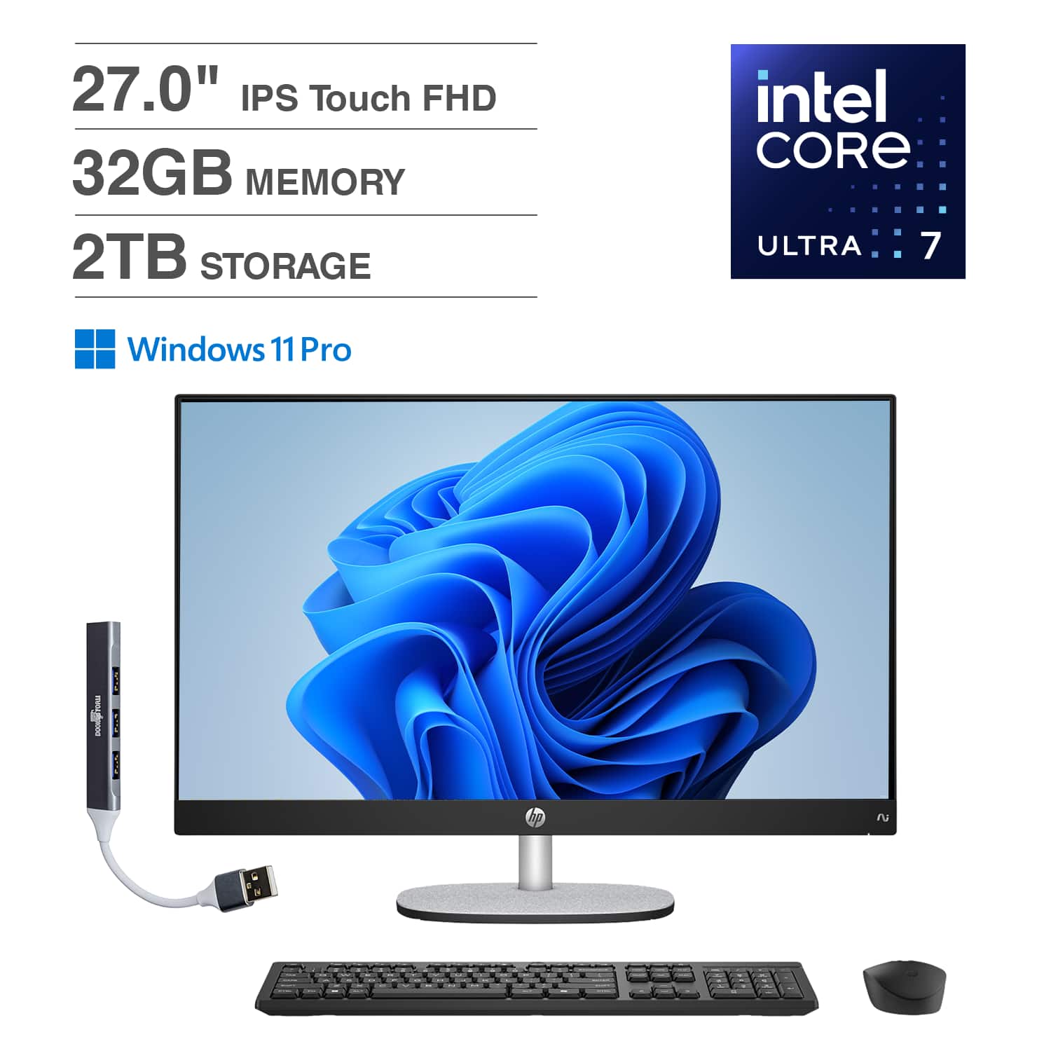 HP - 27 All-in-One 27 FHD Display (Ultra 7-255U, 32GB, 2TB SSD, Intel Graphics, WiFi 6, Win 11 Pro) w/USB Hub - Black