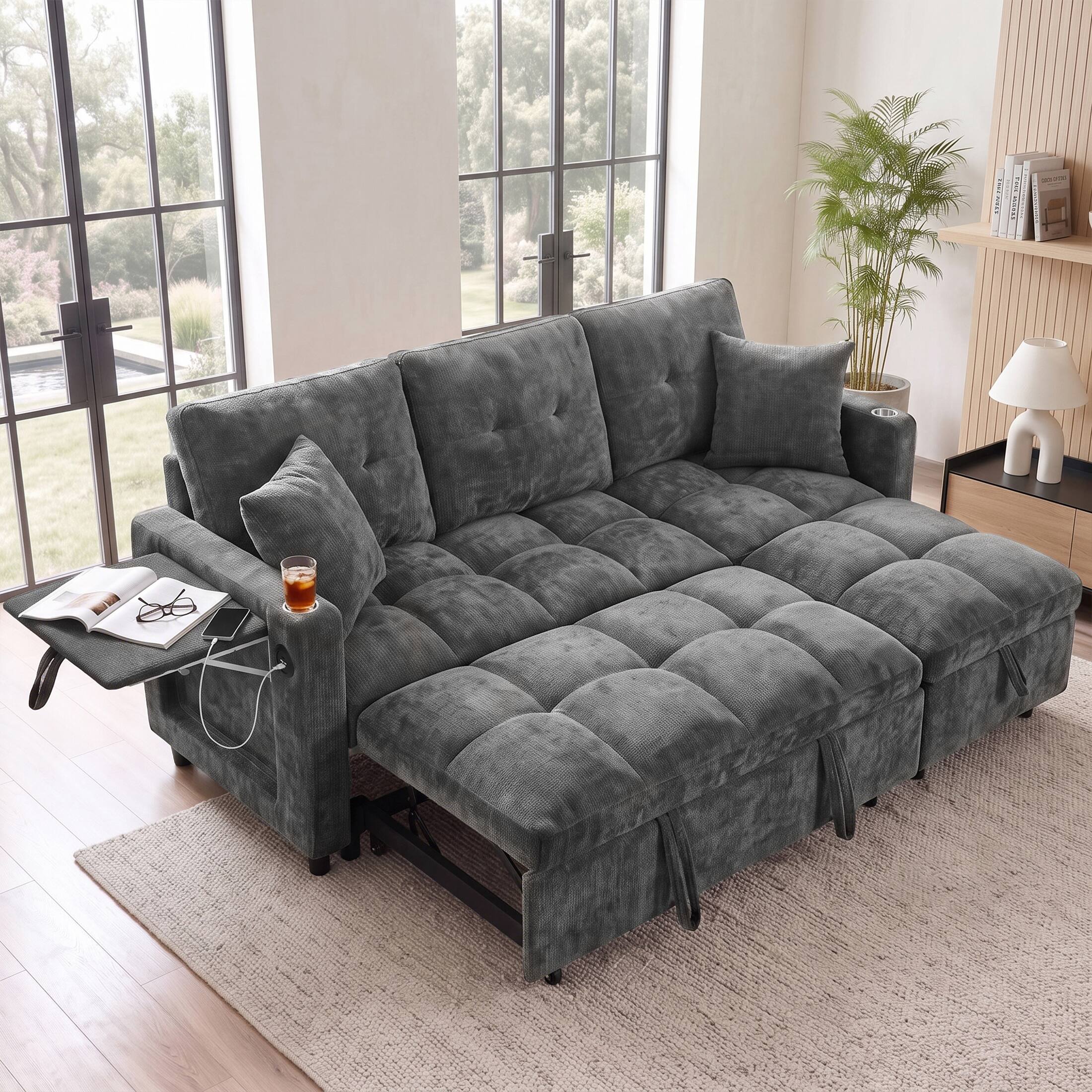 Back. Anysun - Convertible Plush Sectional Sleeper Sofa with Pull-Out Couch Bed, Cloud Couch with Storage Chaise & USB Charging - Grey.