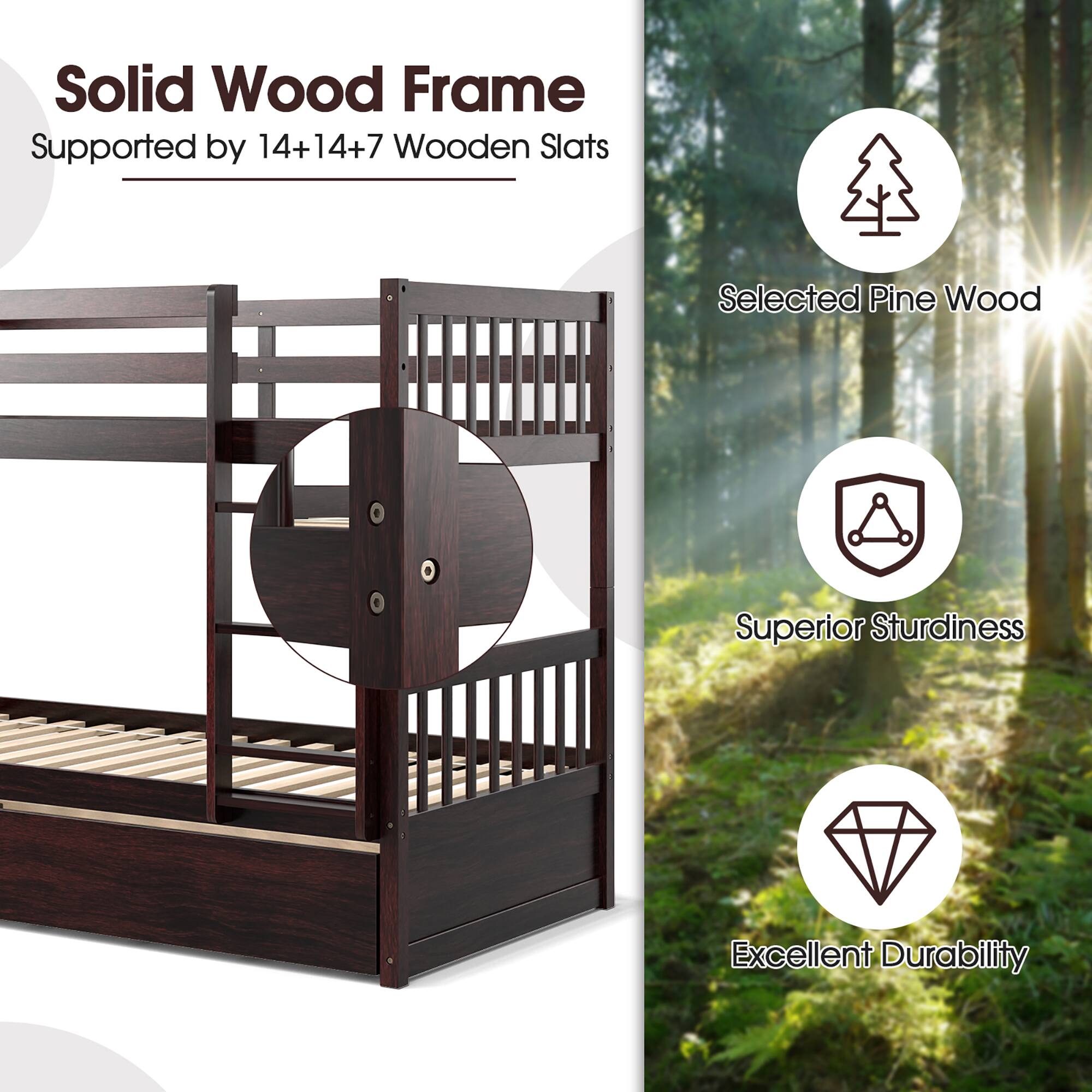 Solid Wood Frame  
Supported by 14+14+7 Wooden Slats  

Selected Pine Wood  
Superior Sturdiness  
Excellent Durability