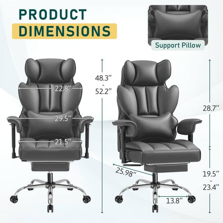 PRODUCT DIMENSIONS

Support Pillow
22.8" x 29.5" x 21.5" x 25.98" x 13.8"

Chair
48.3" - 52.2" x 28.7" x 19.5" - 23.4"