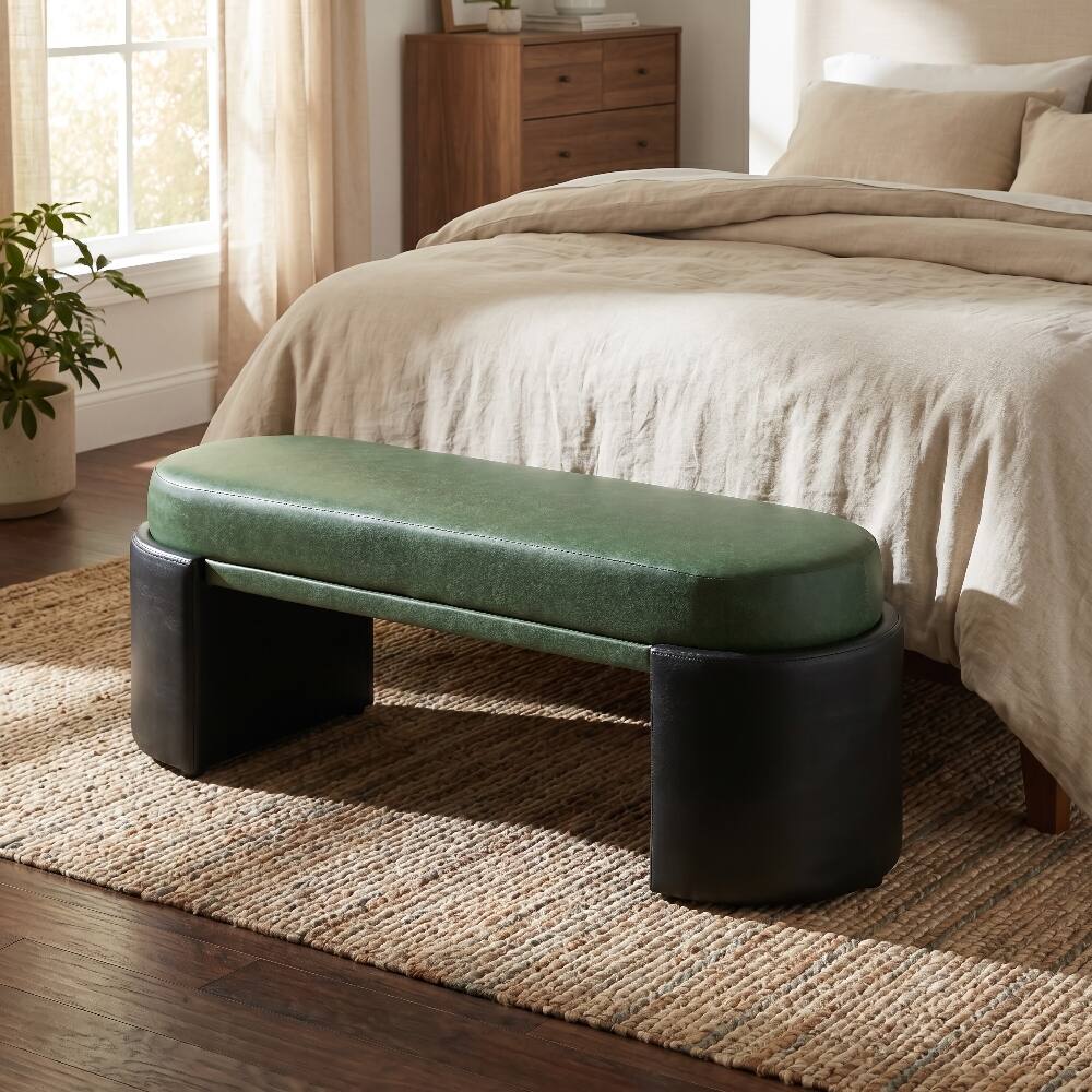 Angle. Ropilly - Ropilly Green Dining Bench PU Upholstered Modern Accent Bench Forty Eight Inch Two Tone Indoor Seating Wood Frame - Green and Black.