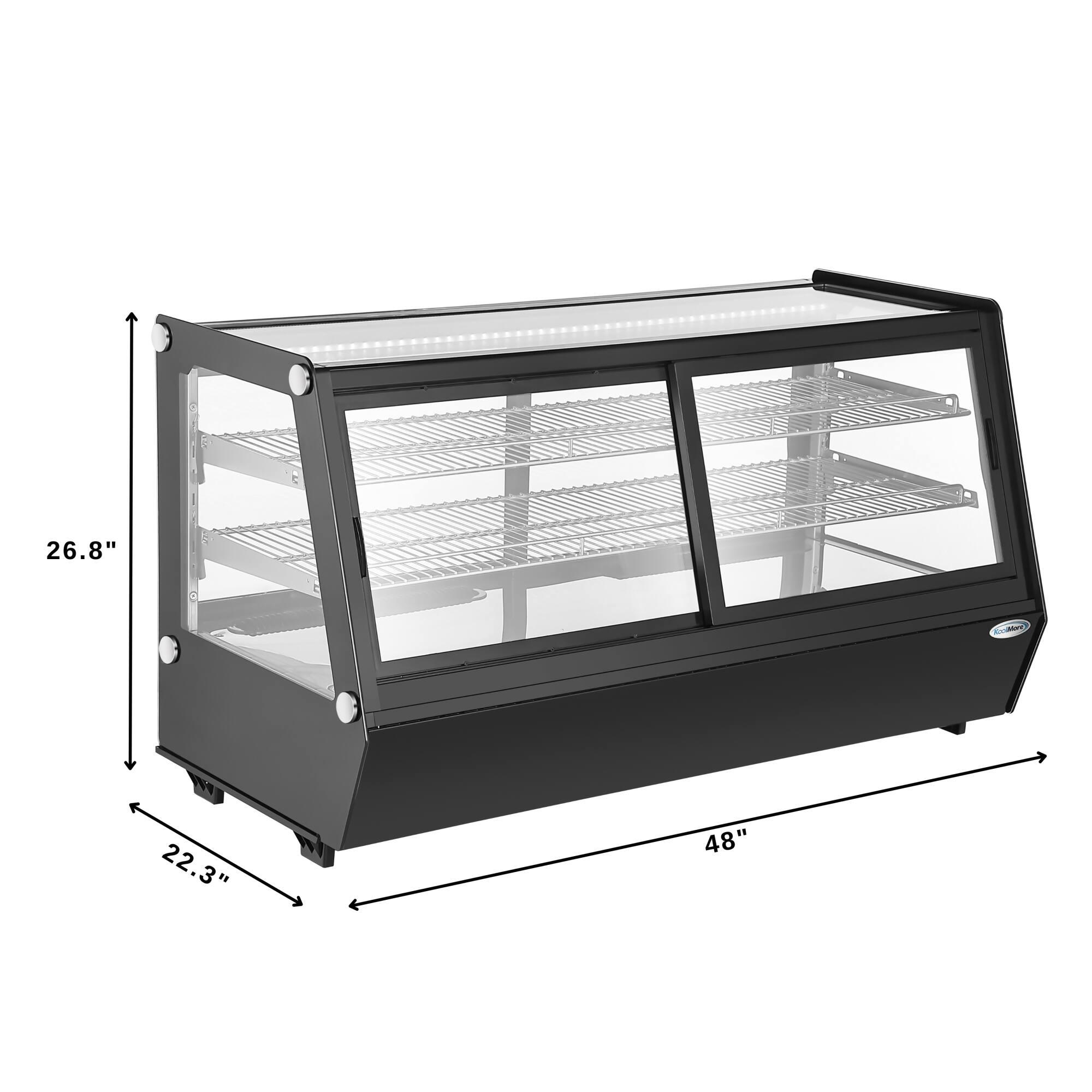 The image shows a black and clear display case with a white interior. The case measures 26.8 inches in width, 22.3 inches in height, and 48 inches in depth.