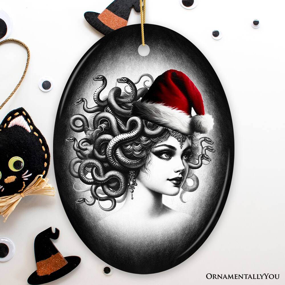 Back. OrnamentallyYou - Bewitching Medusa with Santa Hat Ornament Alluring Christmas Decoration for Halloween Tree Oval - Multi-colored.