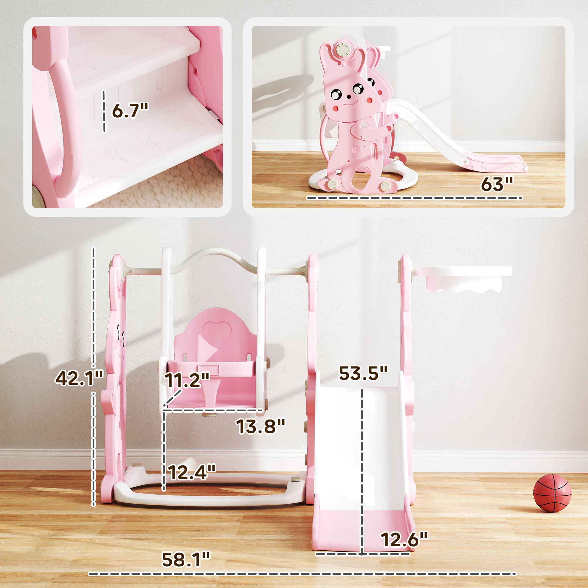 6.7"  
63"  
42.1"  
11.2"  
53.5"  
13.8"  
12.4"  
58.1"  
12.6"