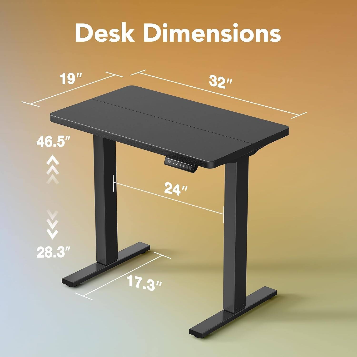 Desk Dimensions: 19" x 32" x 46.5" | Height: 24" | Width: 28.3" | Depth: 17.3"