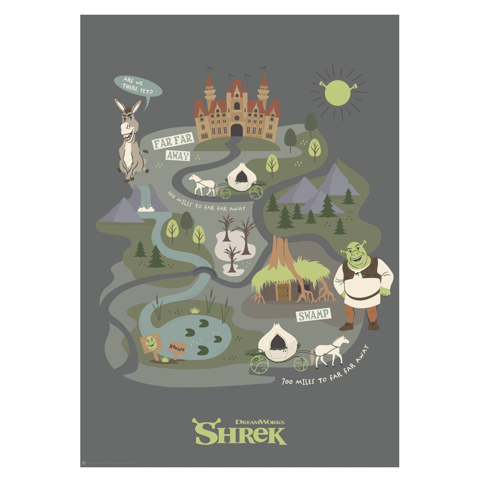 ARE WE THERE YET?  
FAR FAR AWAY  
100 MILES TO FAR FAR AWAY  
SWAMP  
700 MILES TO FAR FAR AWAY  
DREAMWORKS SHREK