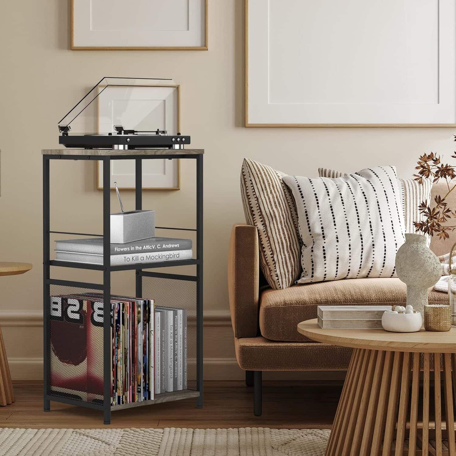 Oumilen - Vinyl Record Player Stand with Charging Station & Storage Shelves - Gray