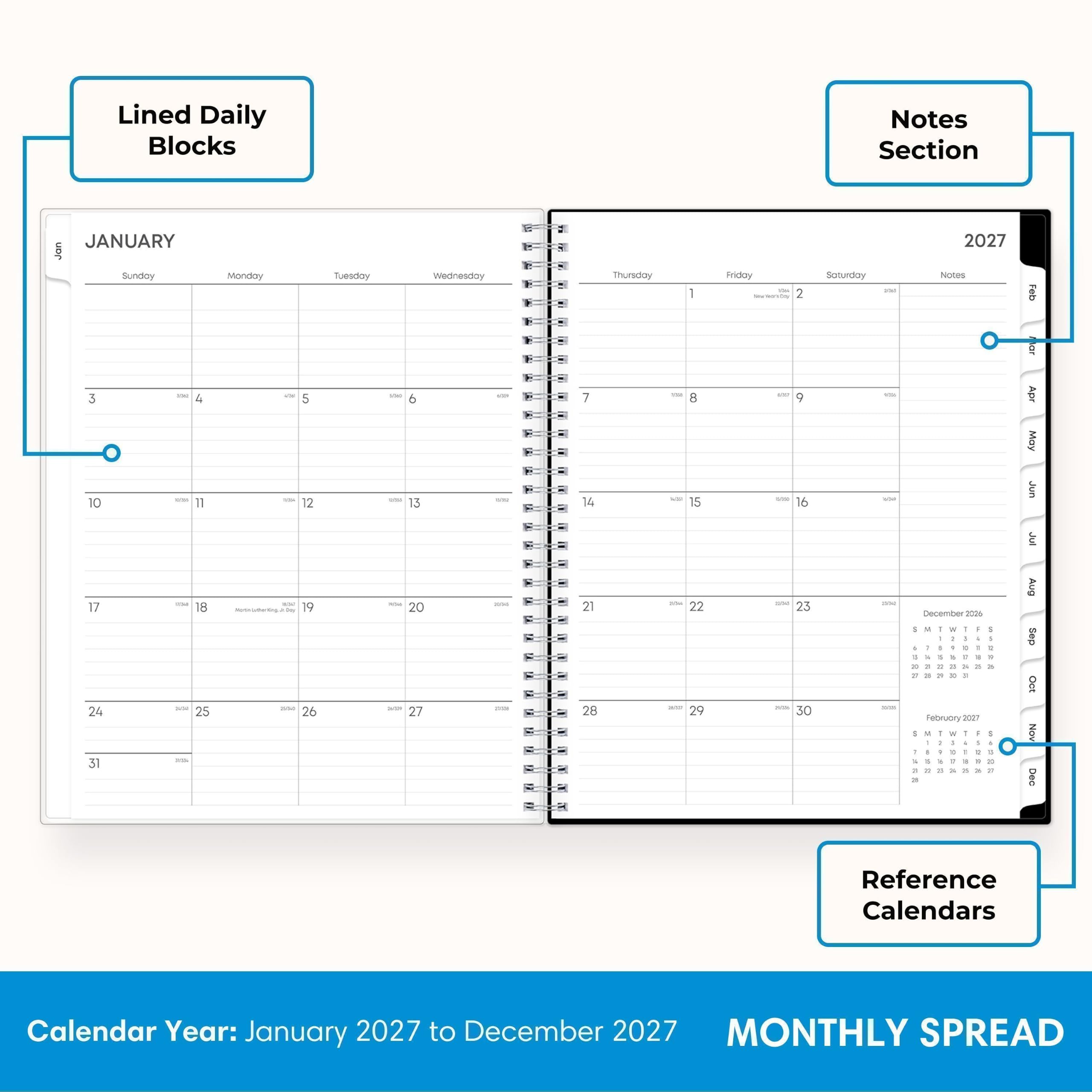 Lined Daily Blocks

Notes Section

JANUARY
Jan
Sunday the 3 4 10 11 - 17 18 are 24 25 30k 31
Monday - 5 12 sau RESERVERSITY.COM 19 WHI 26
Tuesday
Wednesday 100 - 6 13 avsa 20 WITH 27
L b F F F F E E TO R F F E X B E E F E S = A
Thursday 1 1/14 7 8 14 15 ru 21 22 28 29
Friday Saturday On PM New/lear.Com 2 am g NOW NM 16 1552 - 23 30

2027 Notes December 2026 I = : IN : R 1 I - : i I 1 - - 7 - or 3 1 1 y 7 1 7 20 14 2 = A A 3 If 2 2) 5 Februbry 2027 ! :