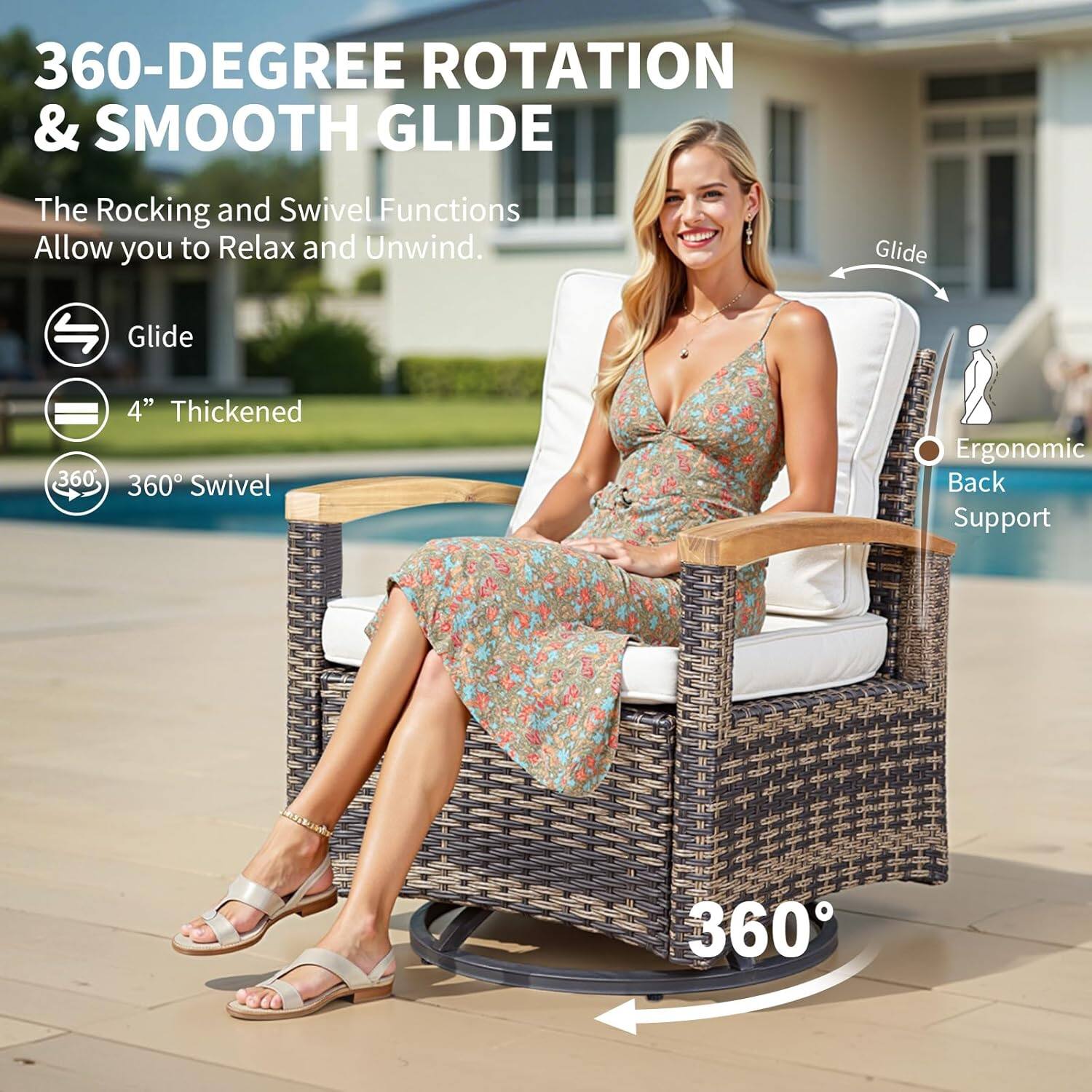 360-DEGREE ROTATION & SMOOTH GLIDE  
The Rocking and Swivel Functions Allow you to Relax and Unwind.

- Glide
- 4" Thickened
- 360° Swivel
- Ergonomic Back Support