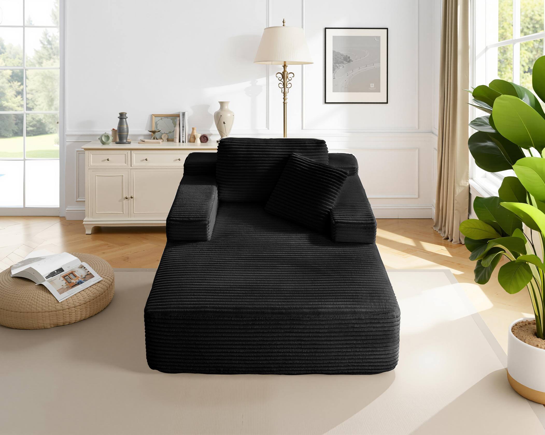 Alt View 3. Meqiodas - 67.5”Oversized Indoor Chaise Lounge, Sofa Bed, Living Room Sofa, Corduroy Upholstered Boneless Cloud Sofa, No Assembly - Black.