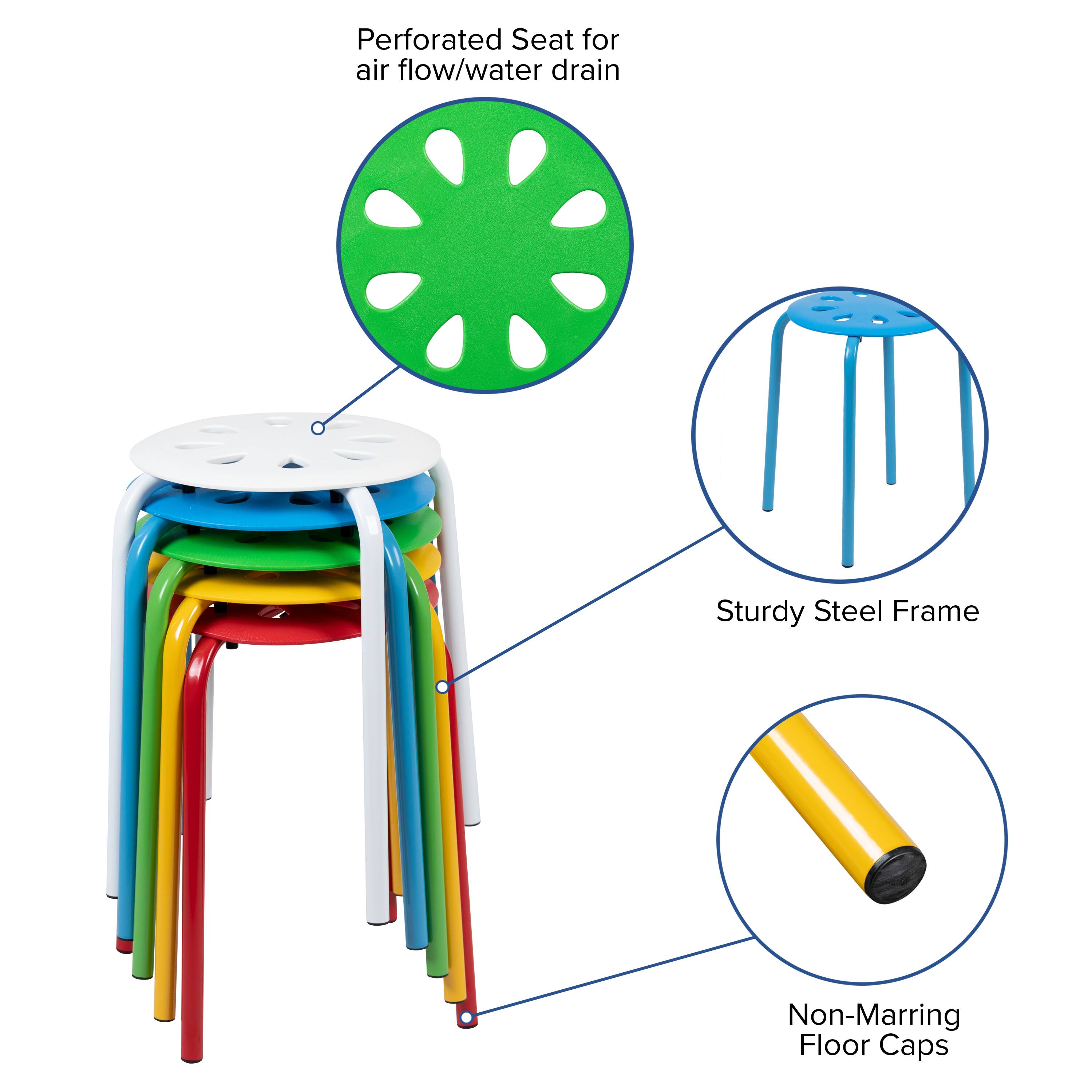 Perforated Seat for air flow/water drain  
Sturdy Steel Frame  
Non-Marring Floor Caps