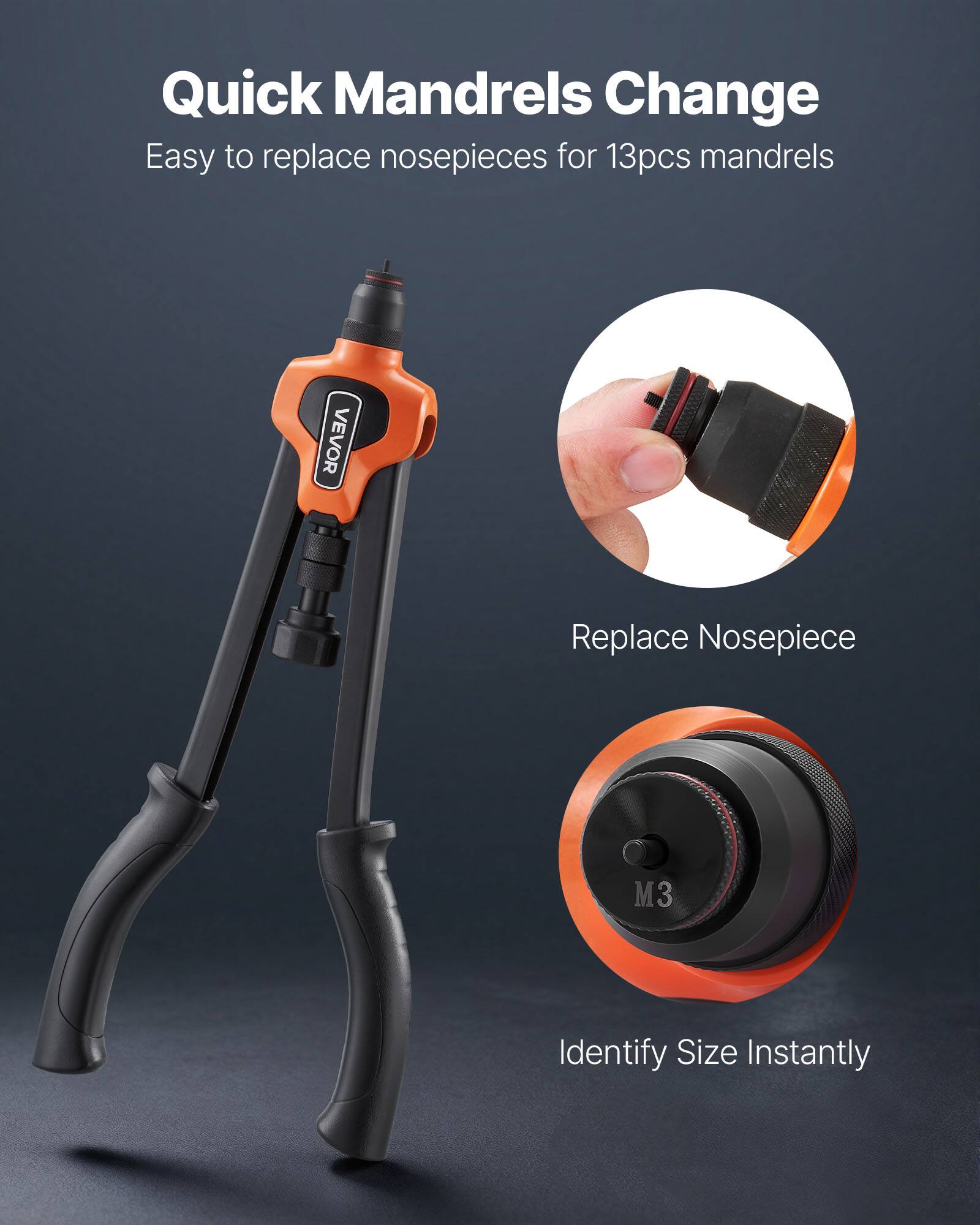 Quick Mandrels Change  
Easy to replace nosepieces for 13pcs mandrels  

Replace Nosepiece  

Identify Size Instantly