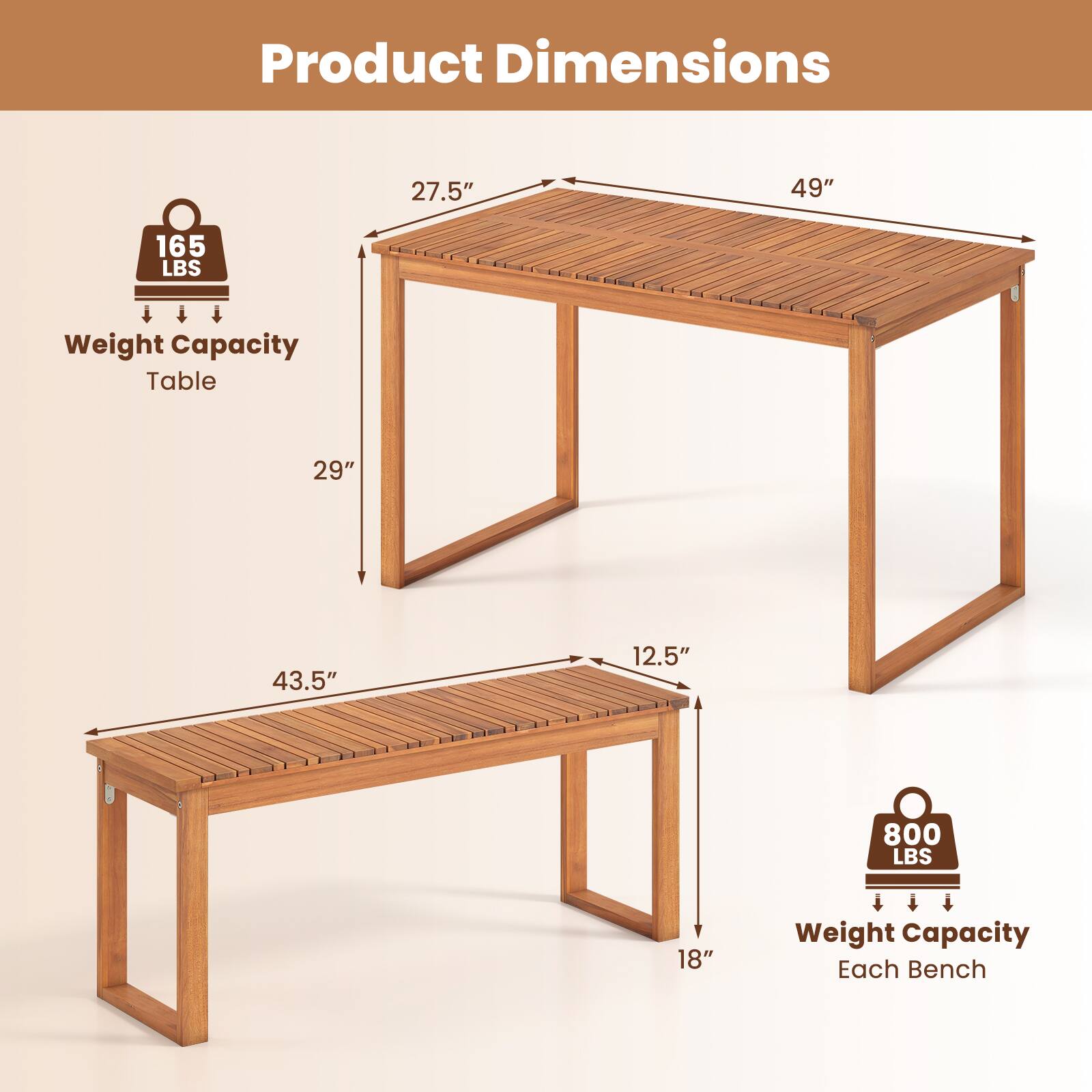 Product Dimensions  
27.5" x 49" x 165 LBS Weight Capacity Table  
29" x 43.5" x 12.5" x 18" Weight Capacity Each Bench
