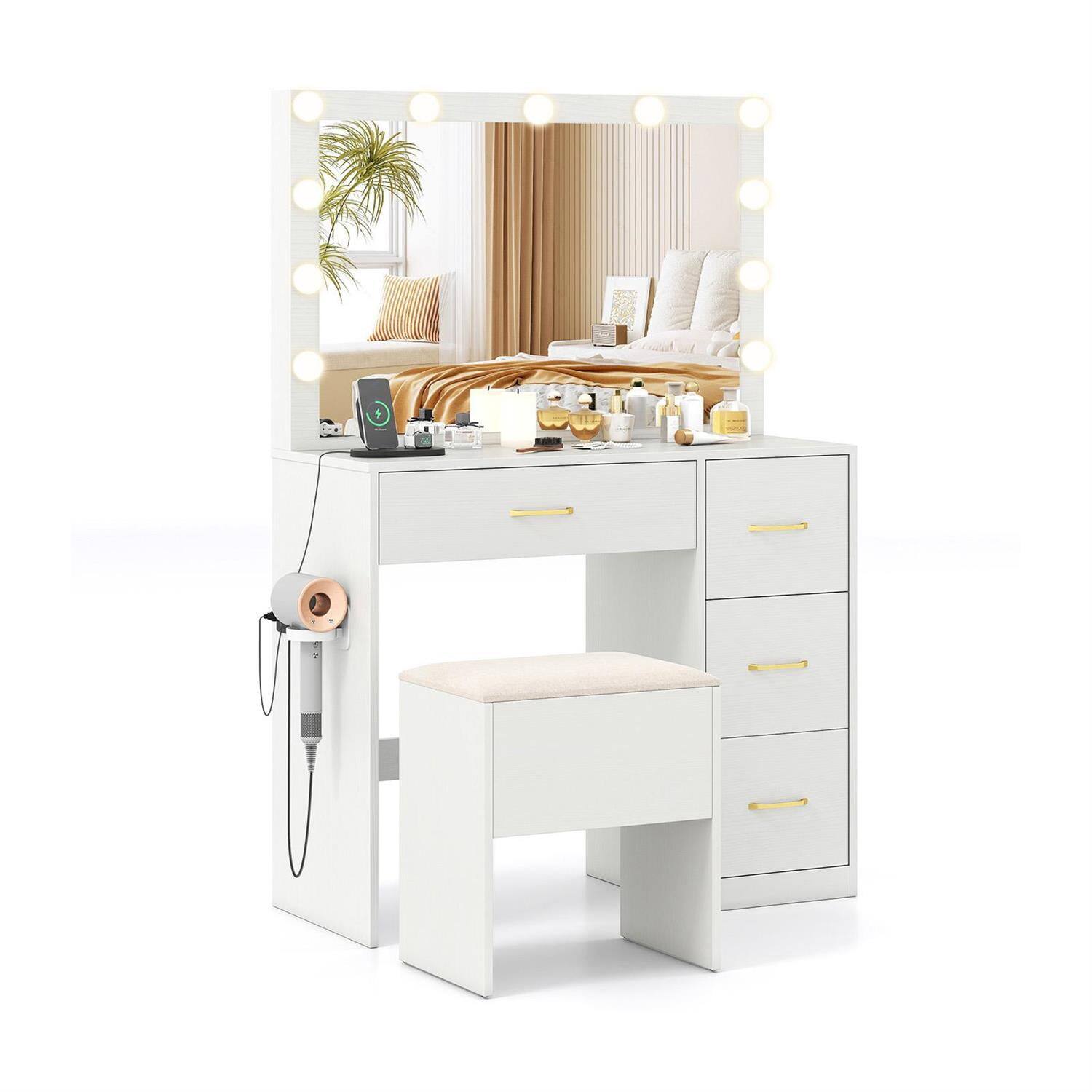 Front. Pefilos - Lighted Vanity Desk, Dimmable LED Mirror, USB Charging Port, 4 Drawers, Hidden Storage Stool, Compact White - White.