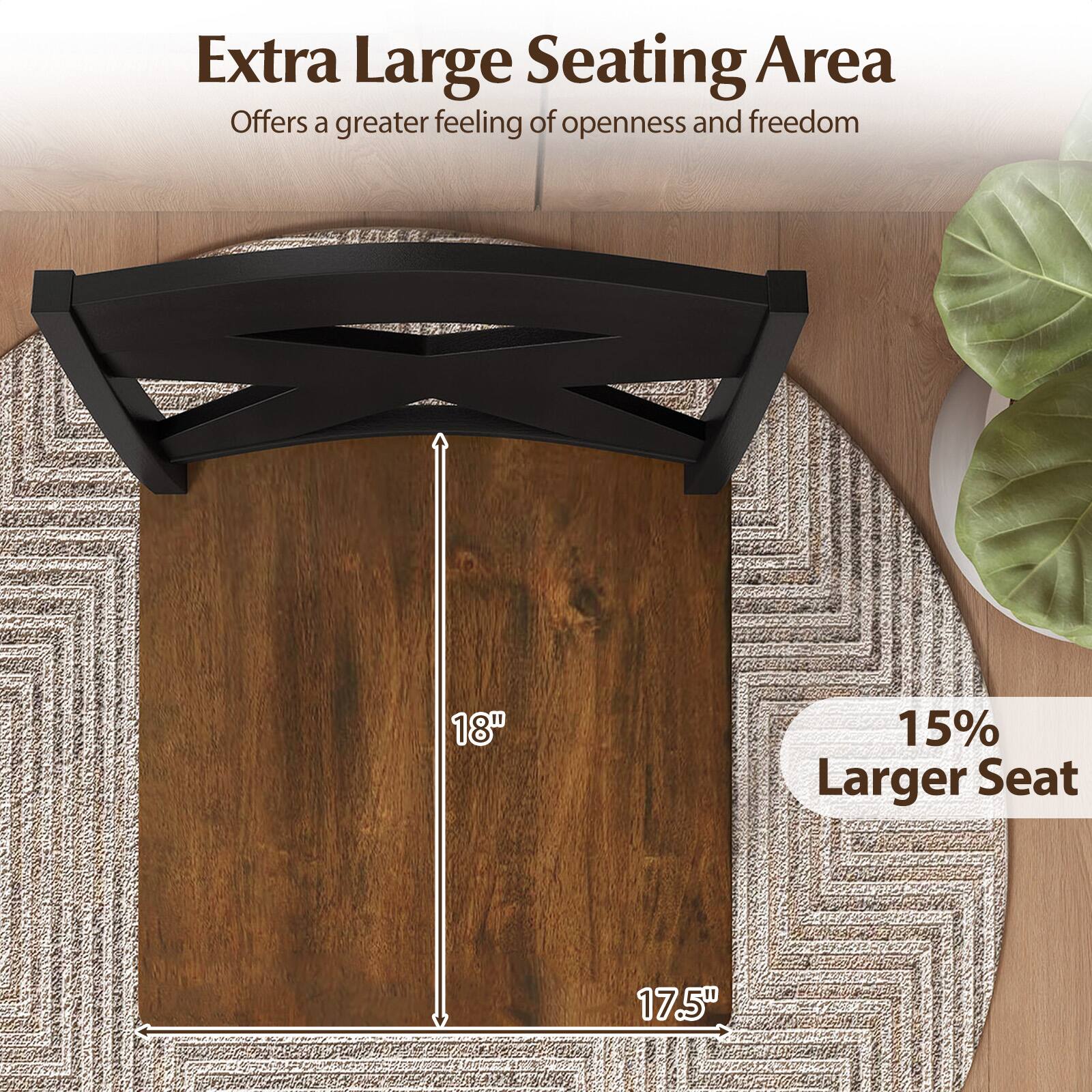 Extra Large Seating Area  
Offers a greater feeling of openness and freedom  

18"  
17.5"  

15% Larger Seat