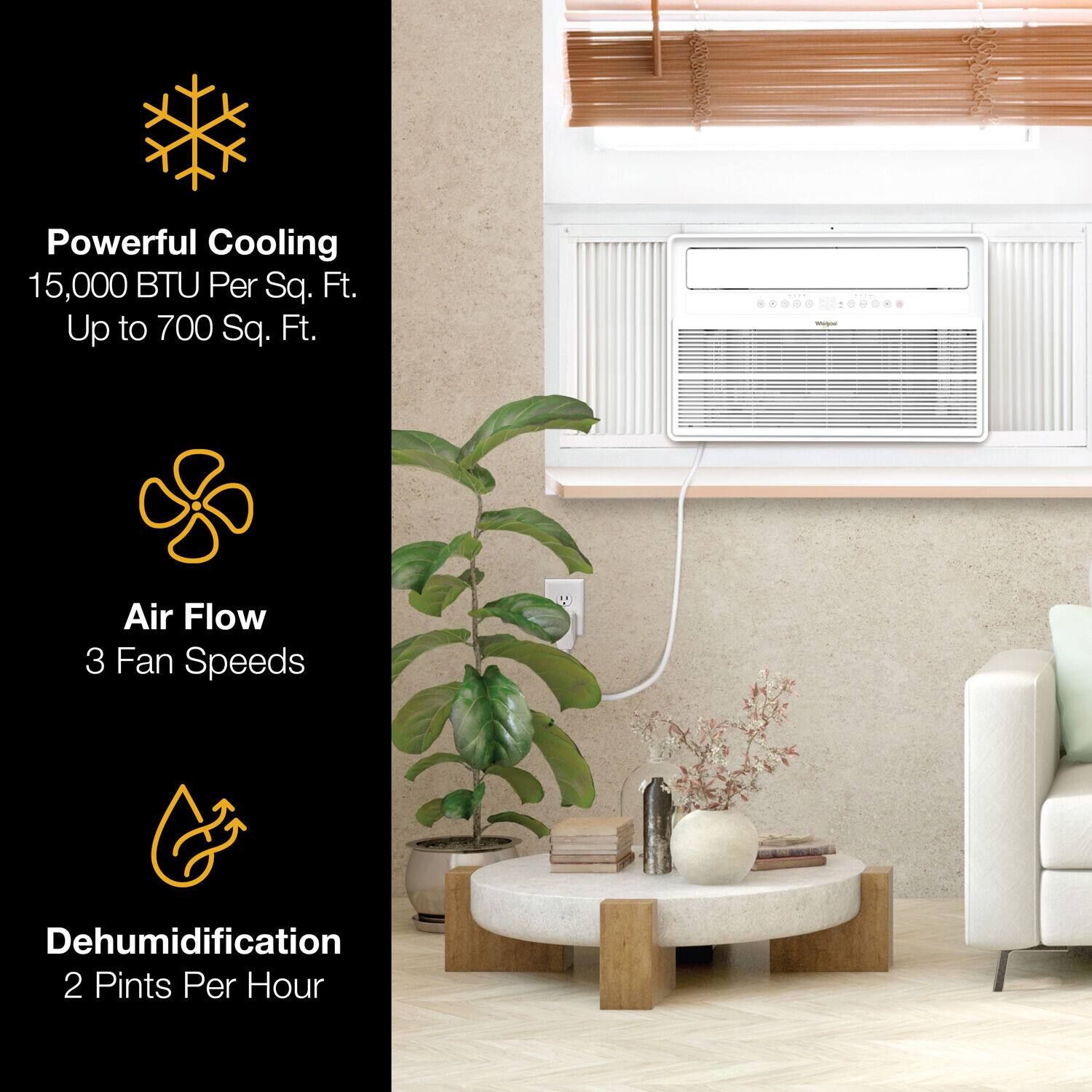 Powerful Cooling  
15,000 BTU Per Sq. Ft.  
Up to 700 Sq. Ft.  

Air Flow  
3 Fan Speeds  

Dehumidification  
2 Pints Per Hour