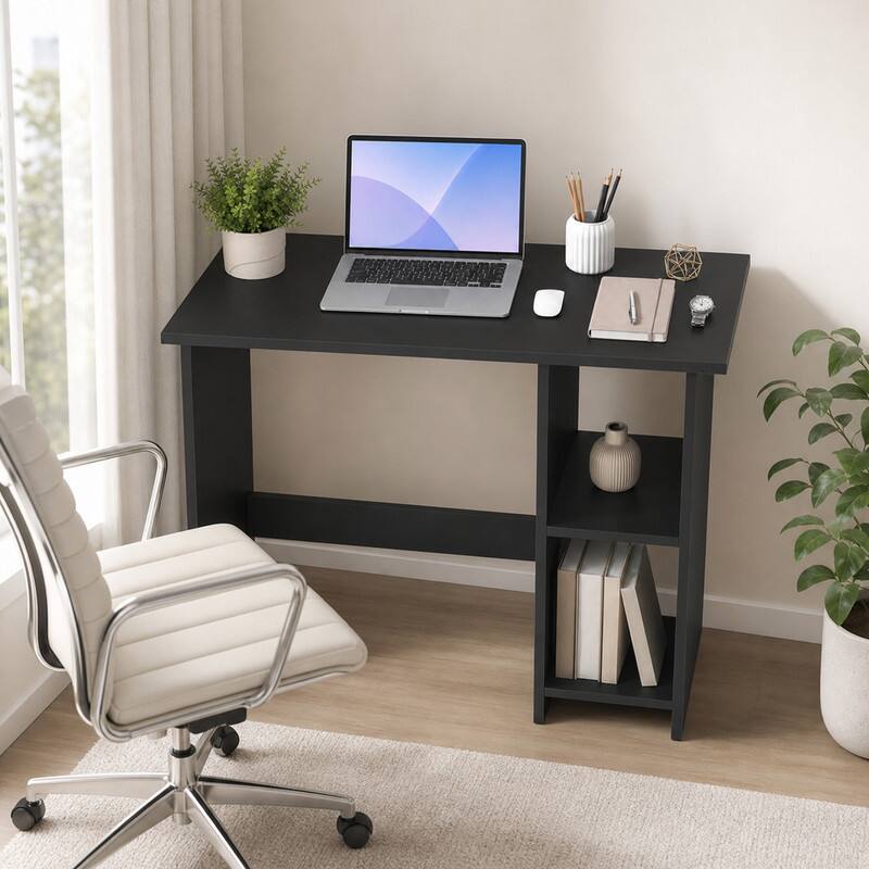 Angle. WELLFOR - 31.5 in Computer Desk with Storage Shelves &  Adjustable Shelf, Wood Home Office Desk for Small Spaces - Black.