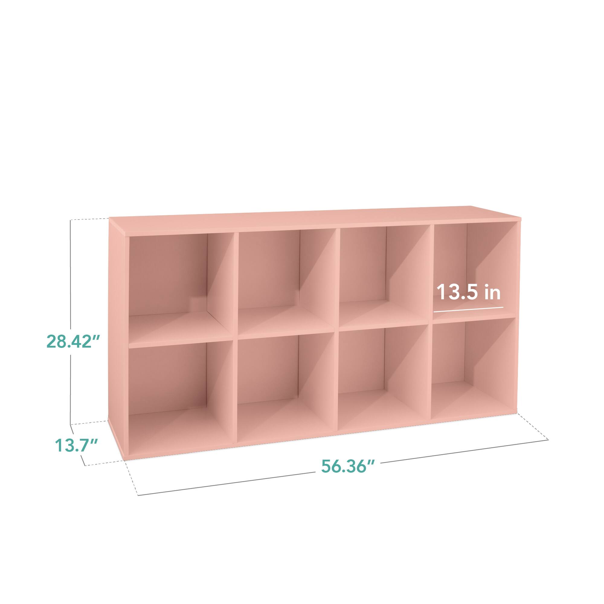 The dimensions of the shelf are:

- Height: 28.42 inches
- Depth: 13.7 inches
- Width: 56.36 inches
- Shelf height: 13.5 inches