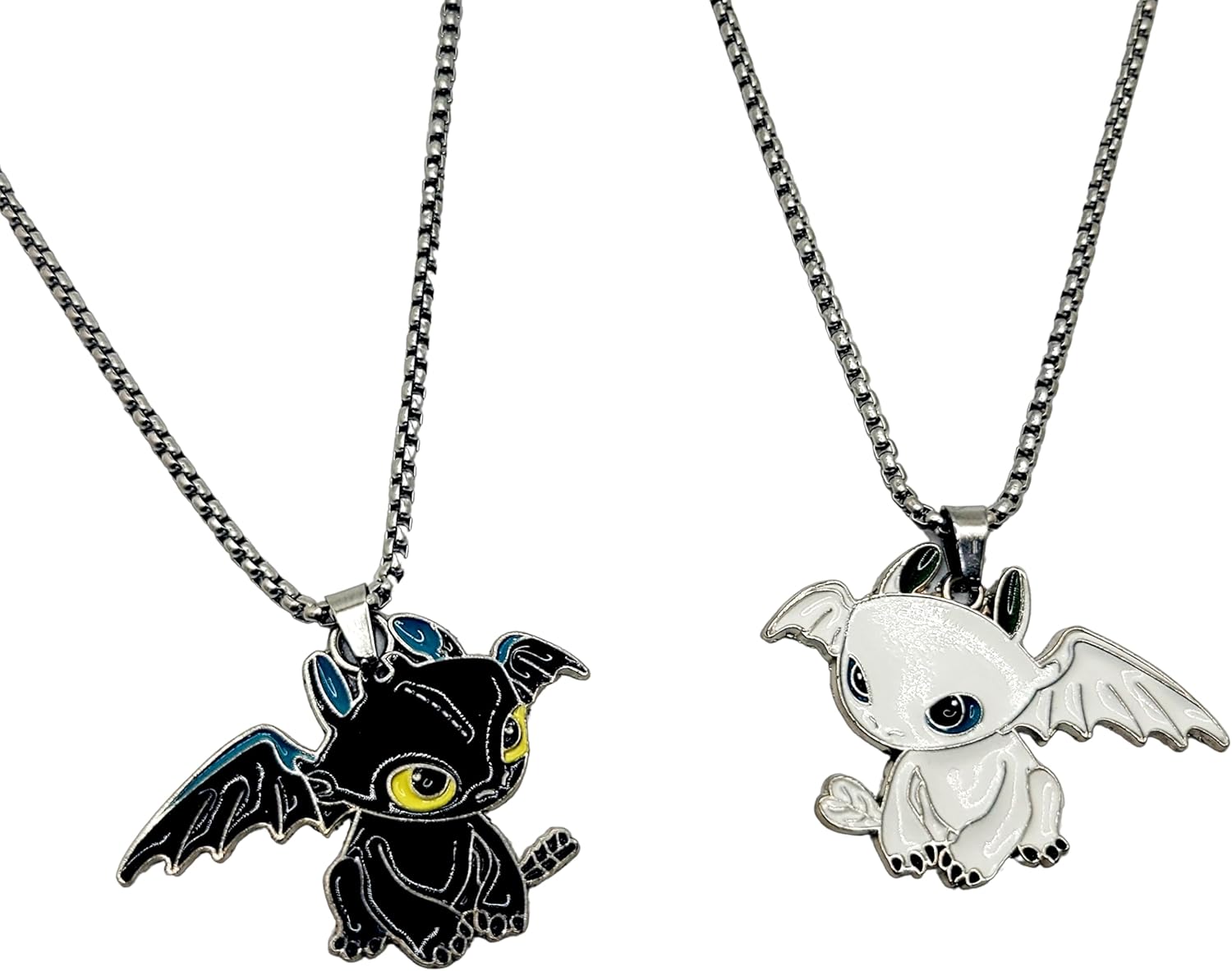 Front. Live At Space - Matching Dragon Couple Necklace Set - Gothic Black & White Jewelry Gift for Him Her - Dragon Matching Necklaces for Couples Lovers Gif.