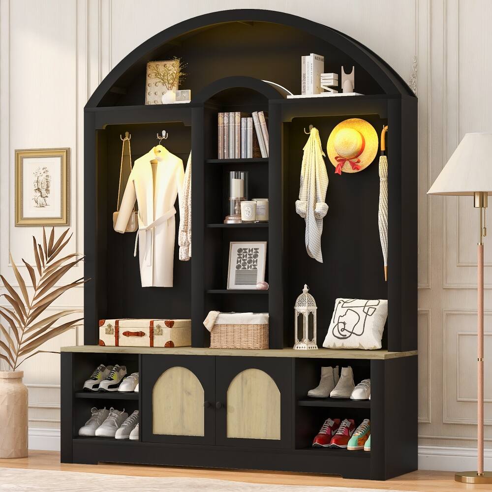 Front. Loheer - Loheer Curved Hall Tree with Shoe Storage, Two-Tone Design, 59 Inch Wide - Black+Natural.