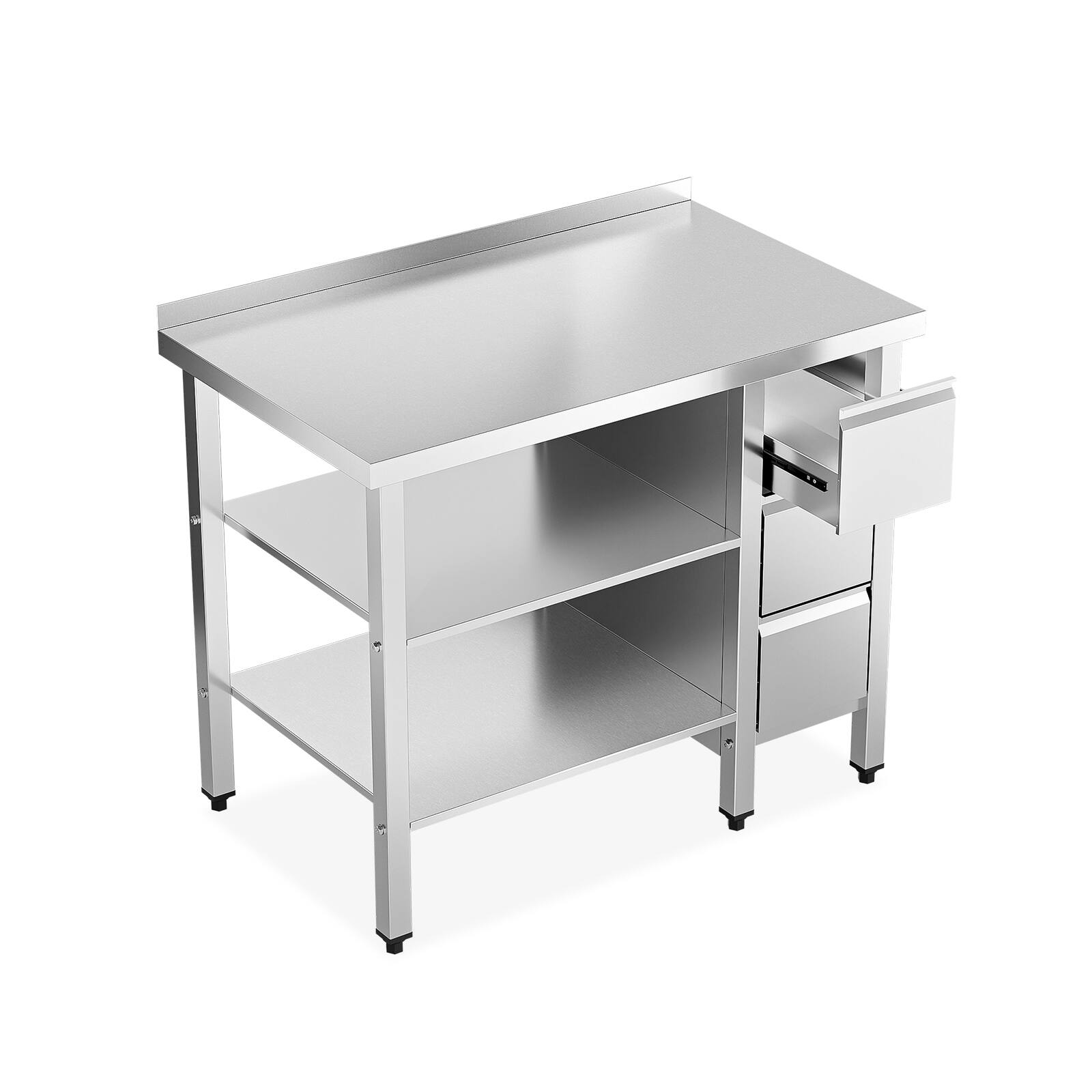 Angle. Winado - 39" x 24" Stainless Steel Table with Drawers, Backsplash, Undershelf for Home Kitchen Restaurant Hotel Garage Warehouse - Silver.