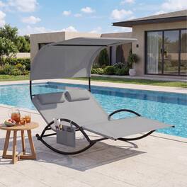Costway - Outdoor Dual Rocker Sunbed 2-Person Canopied Lounger with 2 Detachable Headrests - Gray