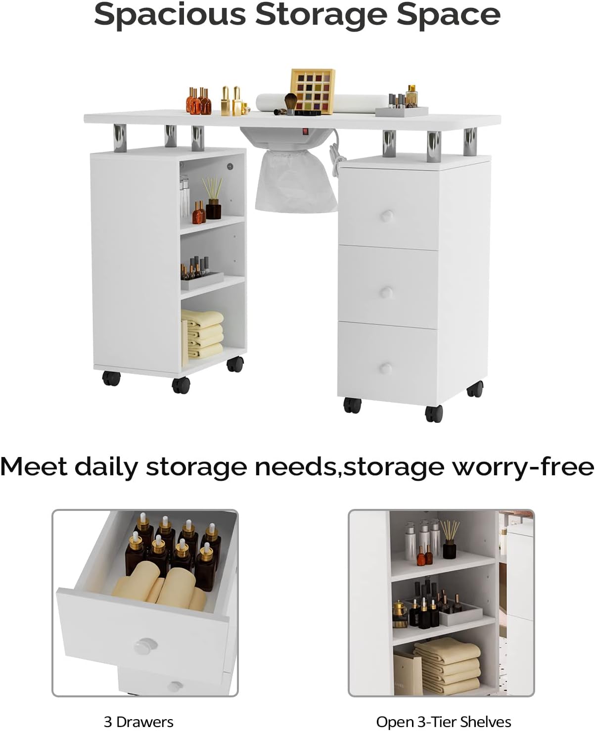 Spacious Storage Space

Meet daily storage needs, storage worry-free

3 Drawers

Open 3-Tier Shelves