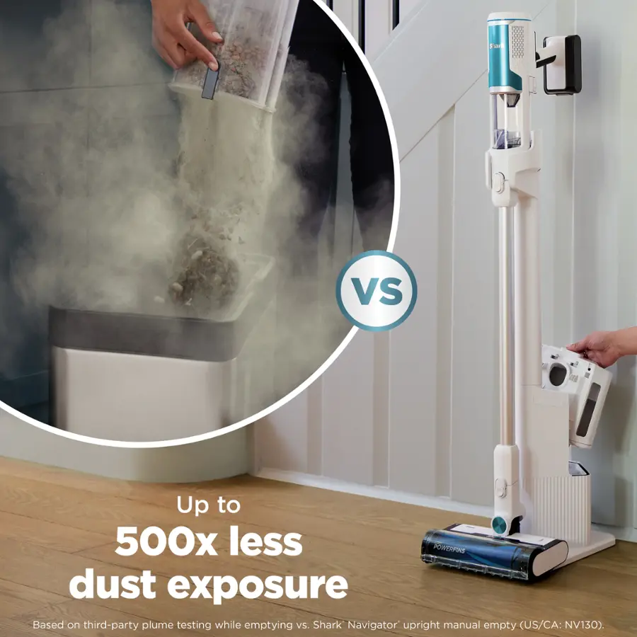 Up to 500x less dust exposure based on third-party plume testing while emptying vs. Shark Navigator upright manual empty (US/CA: NV130).