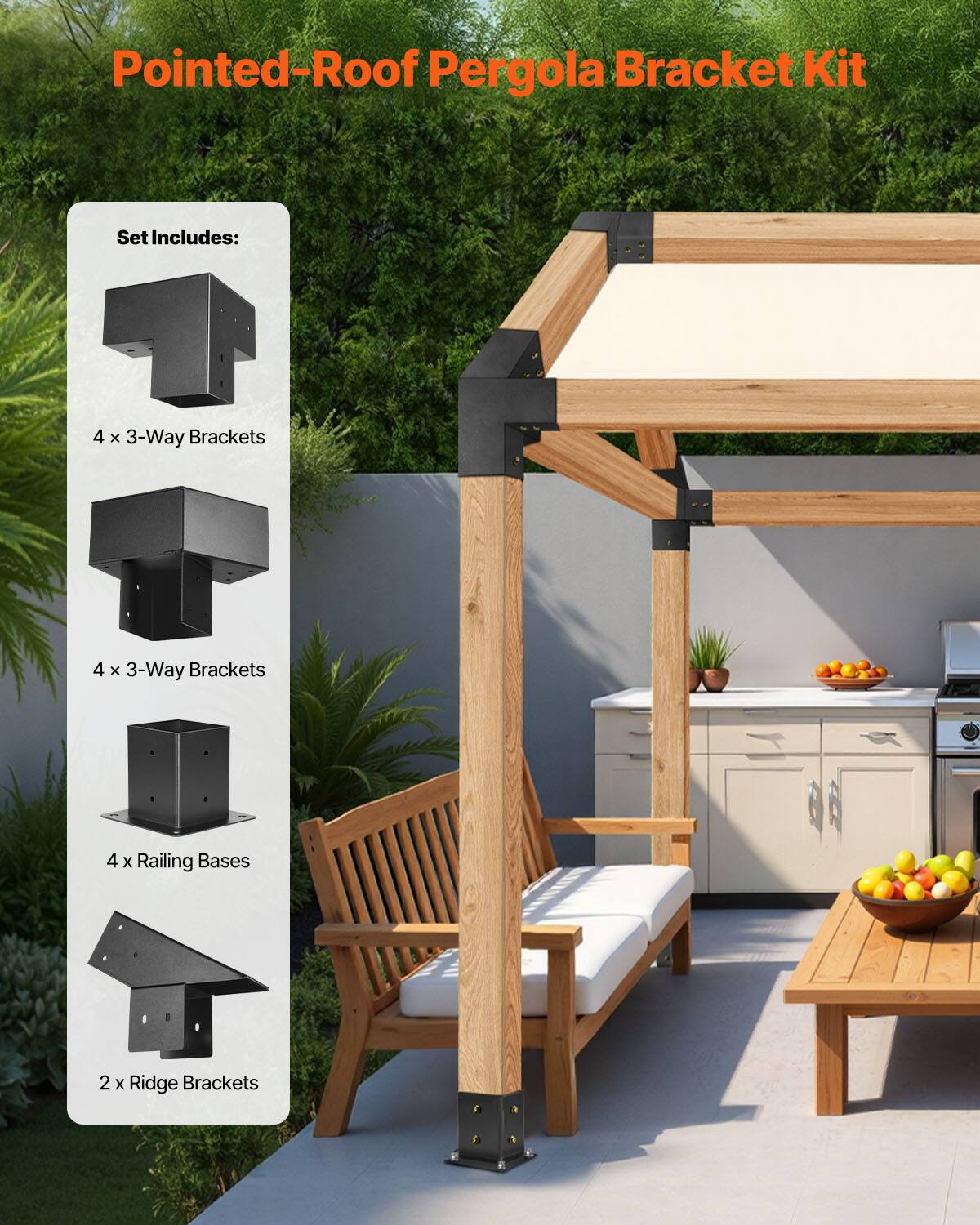 Pointed-Roof Pergola Bracket Kit

Set Includes:
- 4 x 3-Way Brackets
- 4 x 3-Way Brackets
- 4 x Railing Bases
- 2 x Ridge Brackets