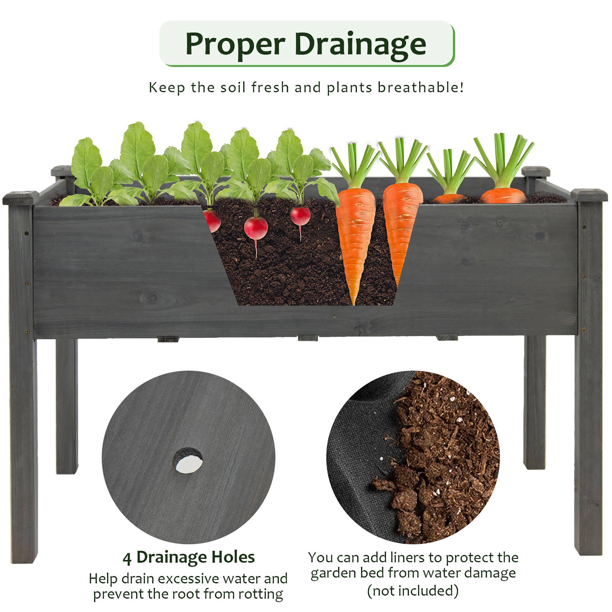 Proper Drainage: Keep the soil fresh and plants breathable! 4 Drainage Holes: Help drain excessive water and prevent the root from rotting. You can add liners to protect the garden bed from water damage (not included).
